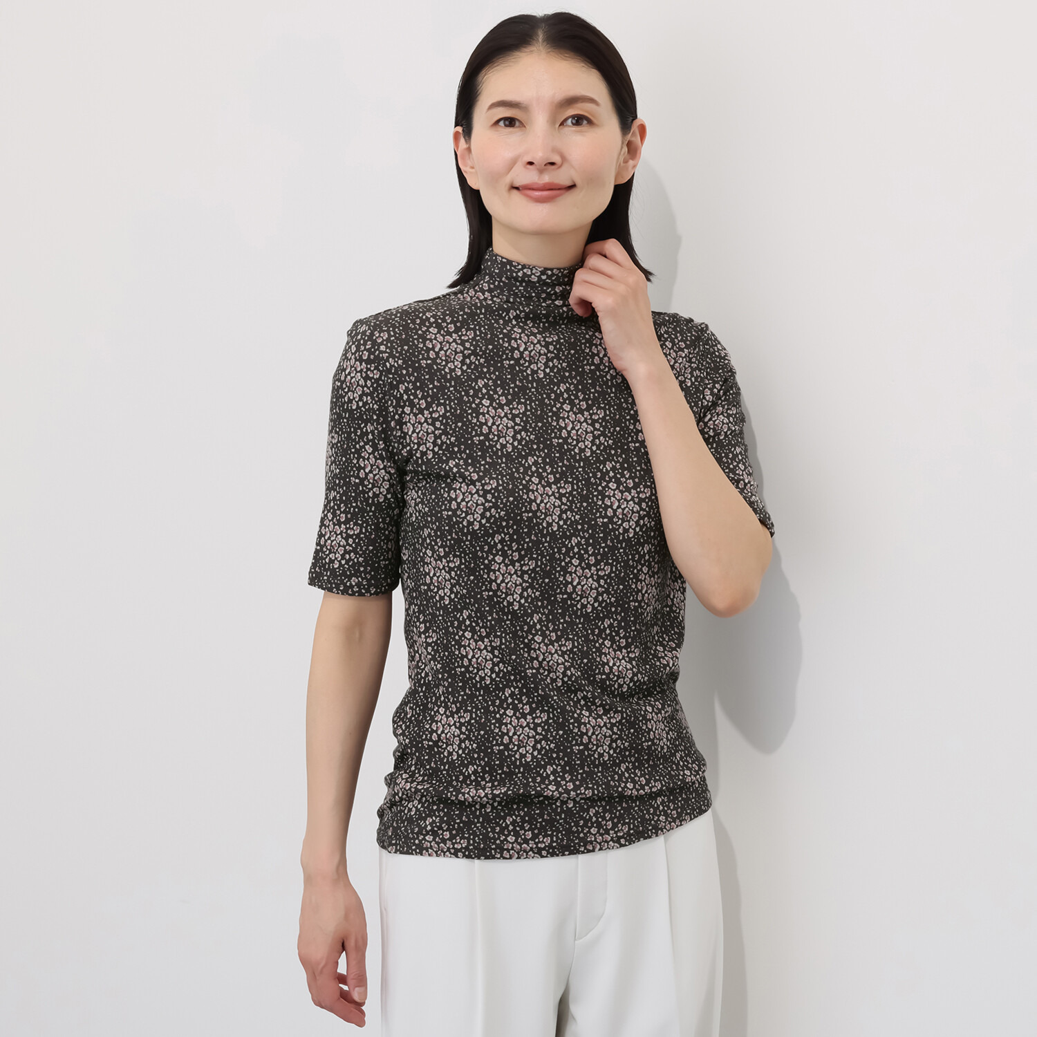 天使の綿シフォン モックネック プリント 五分袖プルオーバー