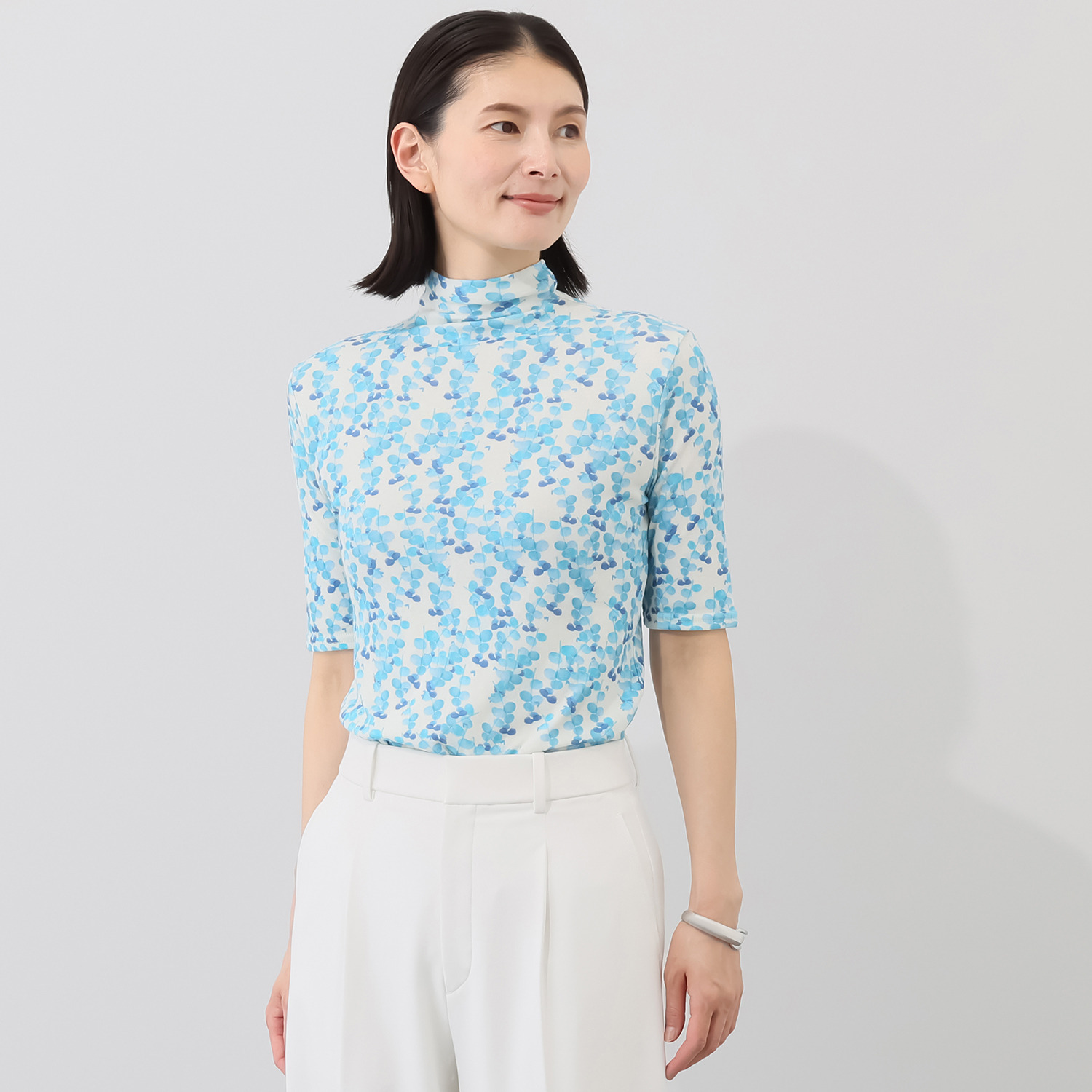 天使の綿シフォン モックネック プリント 五分袖プルオーバー