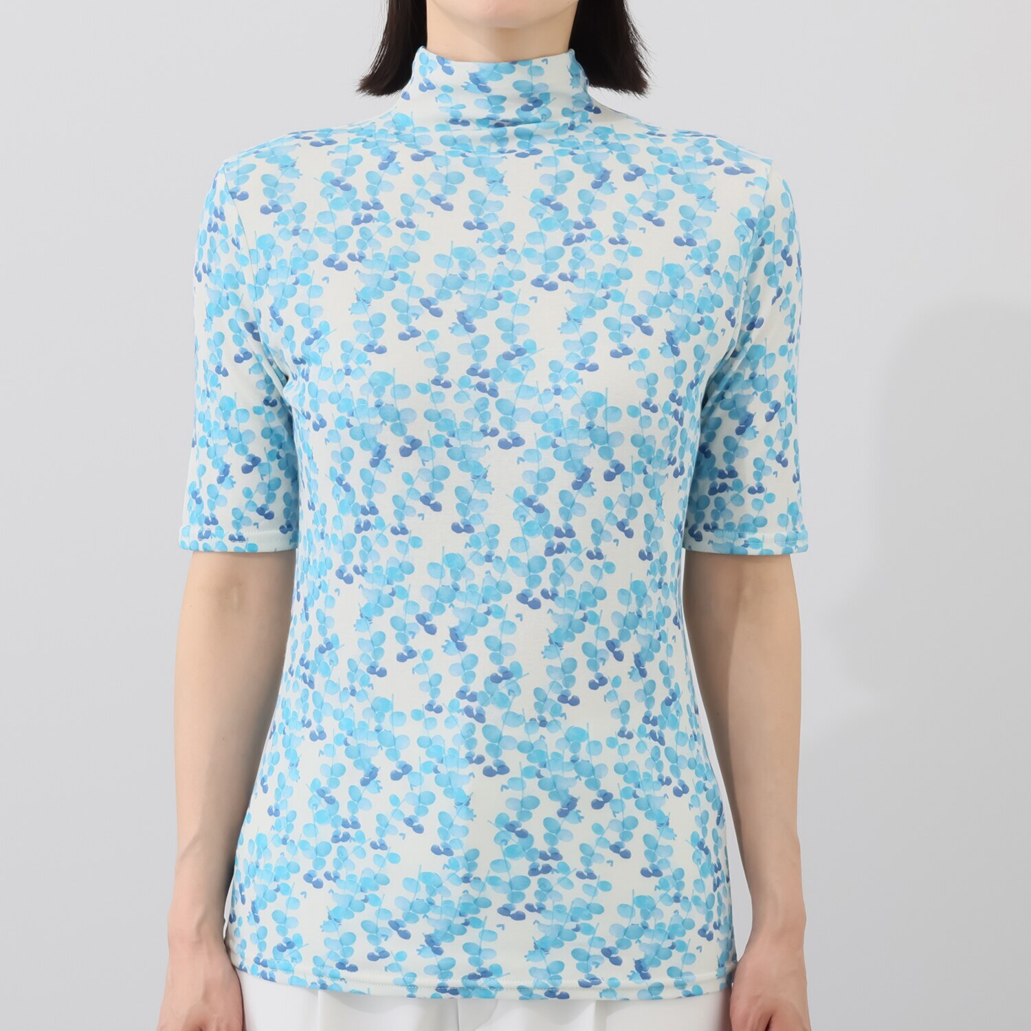 天使の綿シフォン モックネック プリント 五分袖プルオーバー