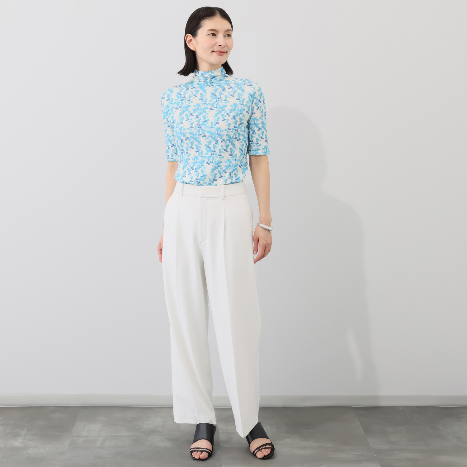 天使の綿シフォン モックネック プリント 五分袖プルオーバー