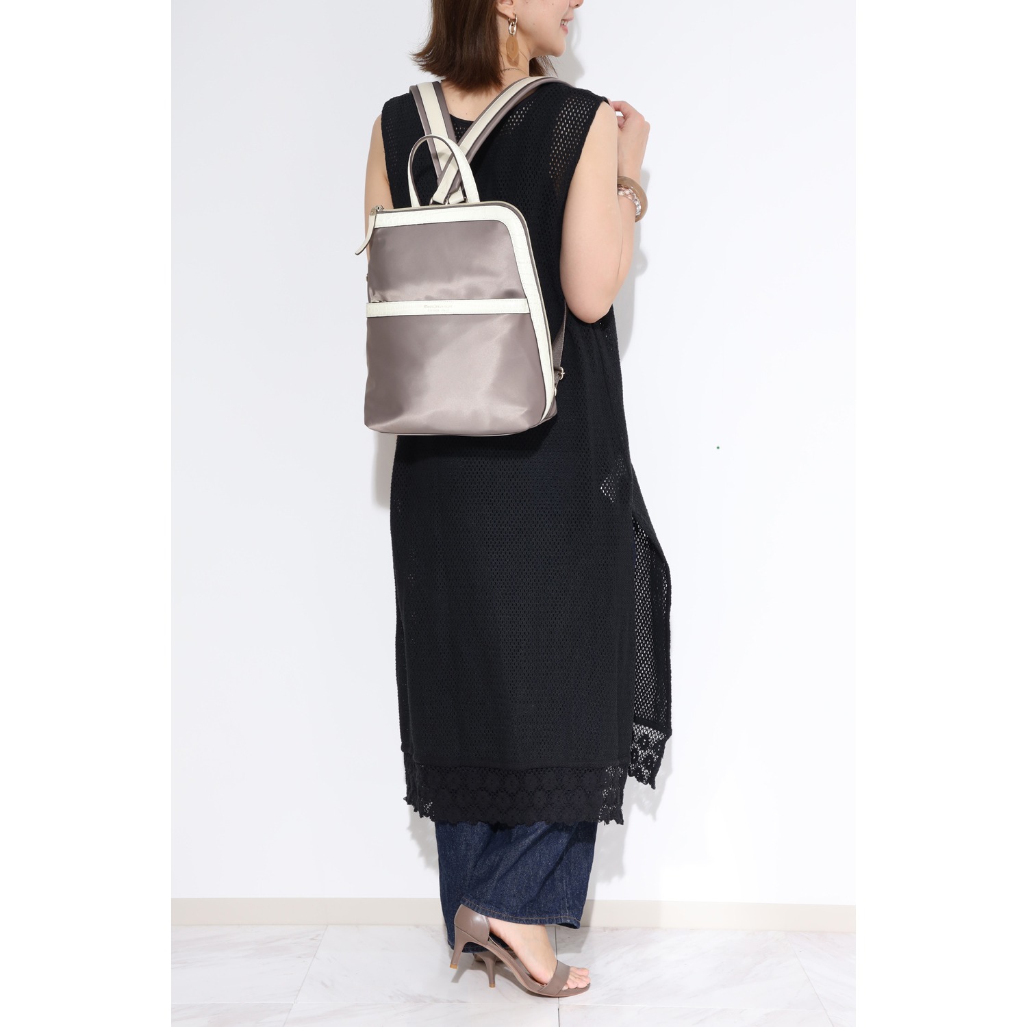 モーダプリンチペ はっ水 ナイロン＆レザーコンビ Ｌ字ファスナー スリムリュック