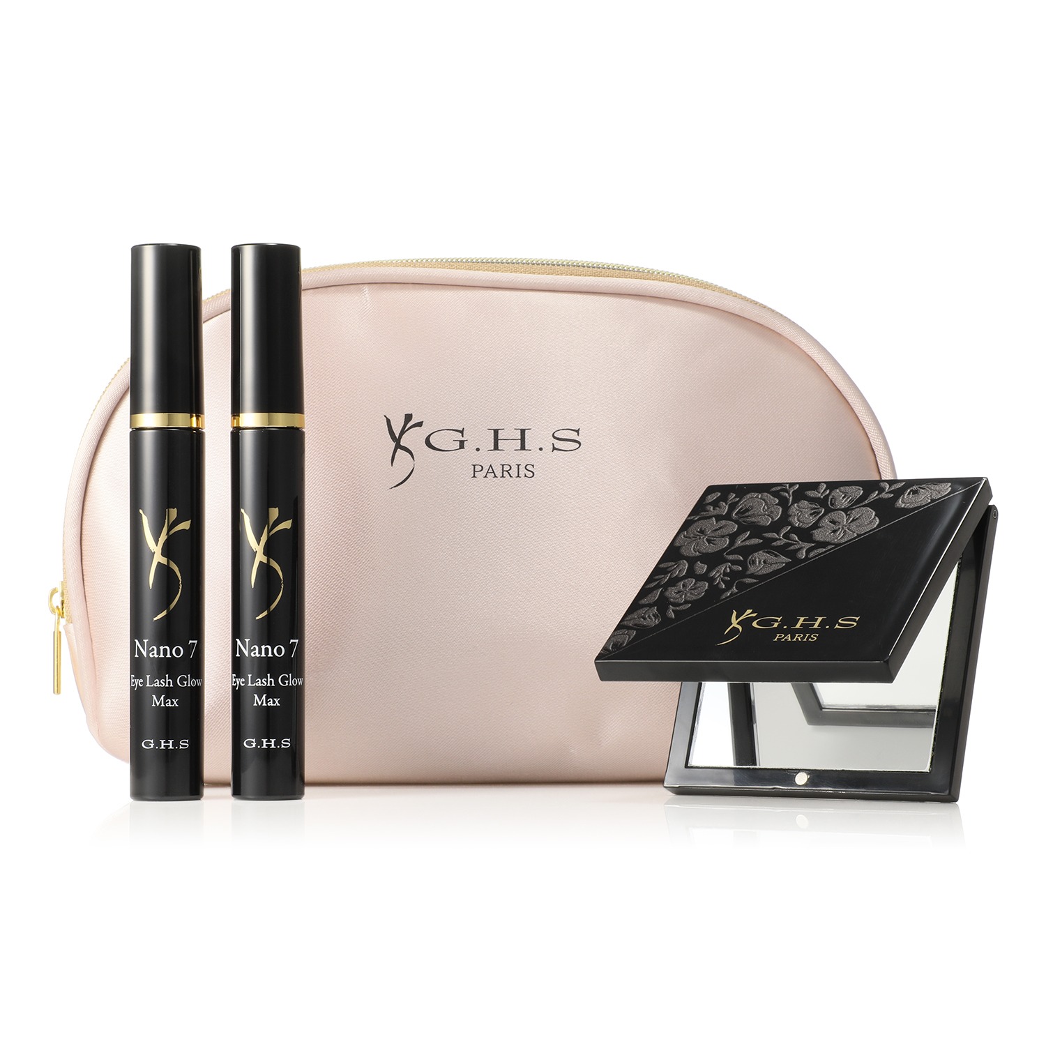 ジーエイチエス 独自技術を用いて開発 まつ毛にハリ・コシを与え 目元を美しく演出 ナノ　７　アイラッシュ グロウ　マックス ２本ポーチ＆ミラー付 セット