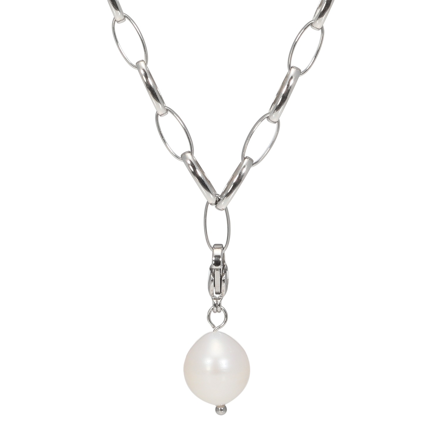 ラフィナリスタ 淡水パールチャーム付 サージカルステンレス 甲丸オーバルチェーン アレンジロングネックレス