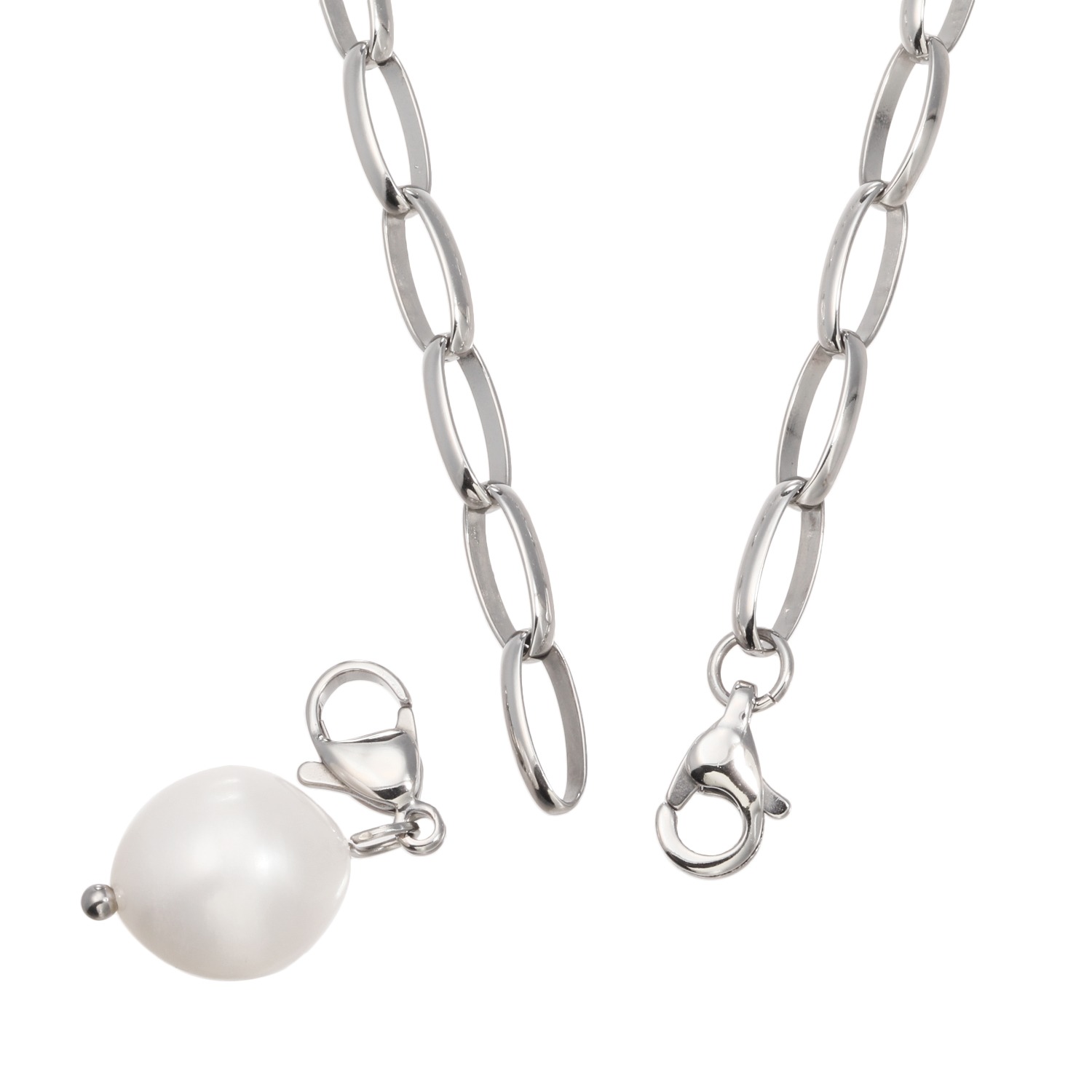 ラフィナリスタ 淡水パールチャーム付 サージカルステンレス 甲丸オーバルチェーン アレンジロングネックレス