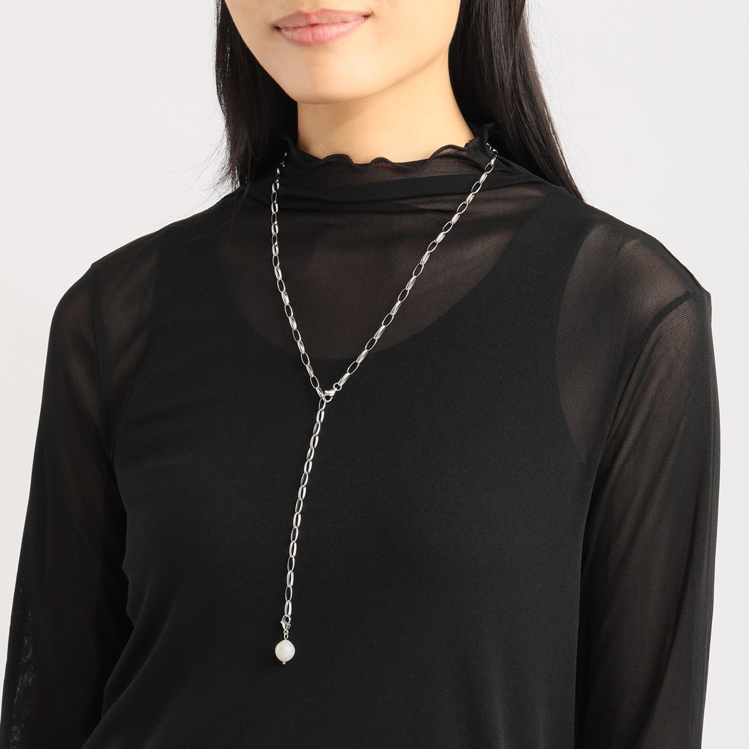 ラフィナリスタ 淡水パールチャーム付 サージカルステンレス 甲丸オーバルチェーン アレンジロングネックレス