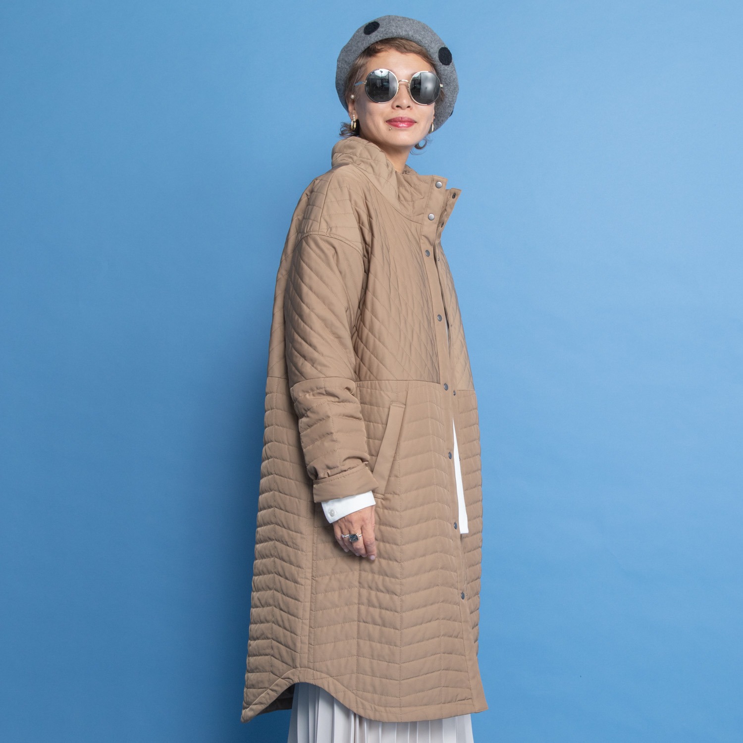 ヨーコモリモト キルトステッチデザイン ボリュームネック ロングコート