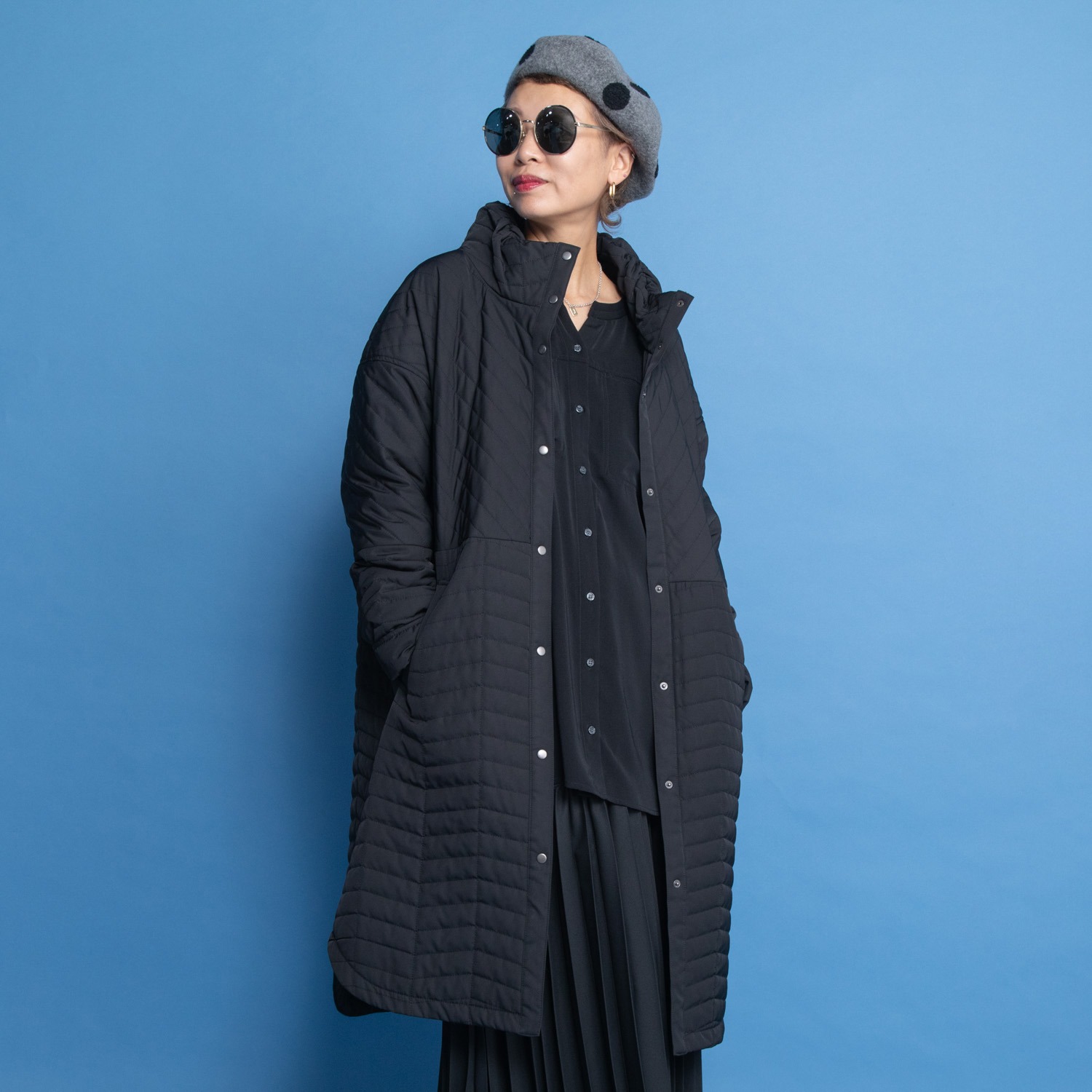 ヨーコモリモト キルトステッチデザイン ボリュームネック ロングコート