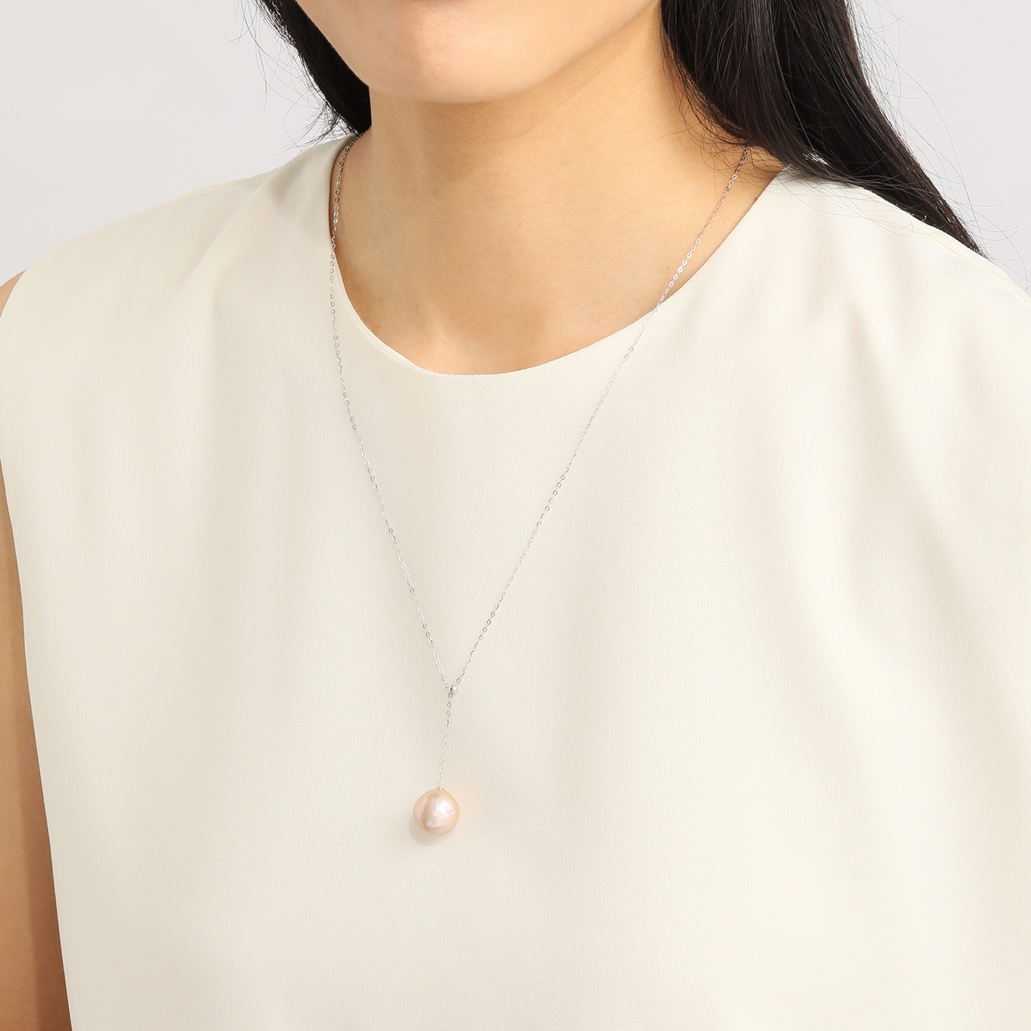 キャンディ　キカラ シルバー 大玉淡水パール １粒デザイン ロングネックレス