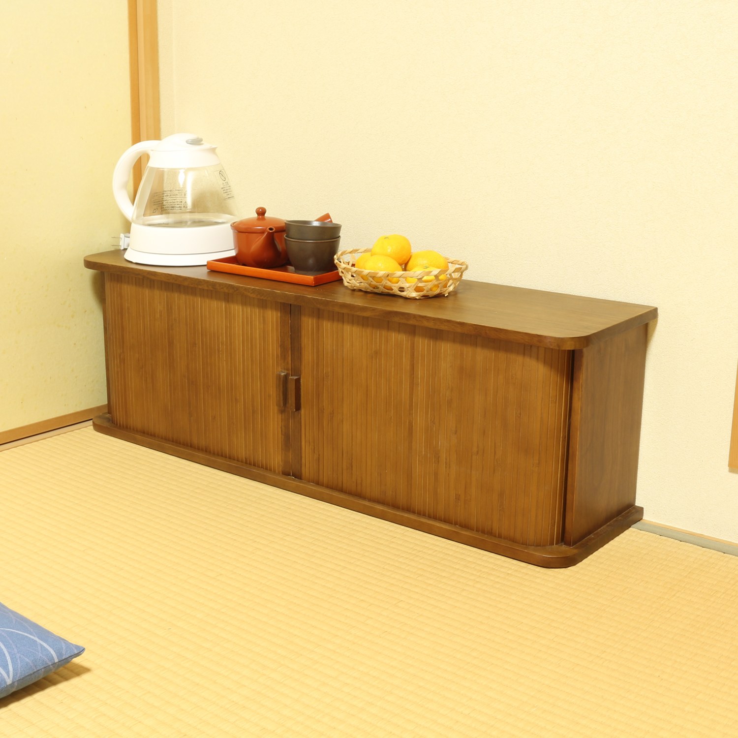 天然木桐製 カウンター上収納庫 竹製ジャバラ扉式 ＜幅９０ｃｍ・ハイ＞ 完成品でお届け