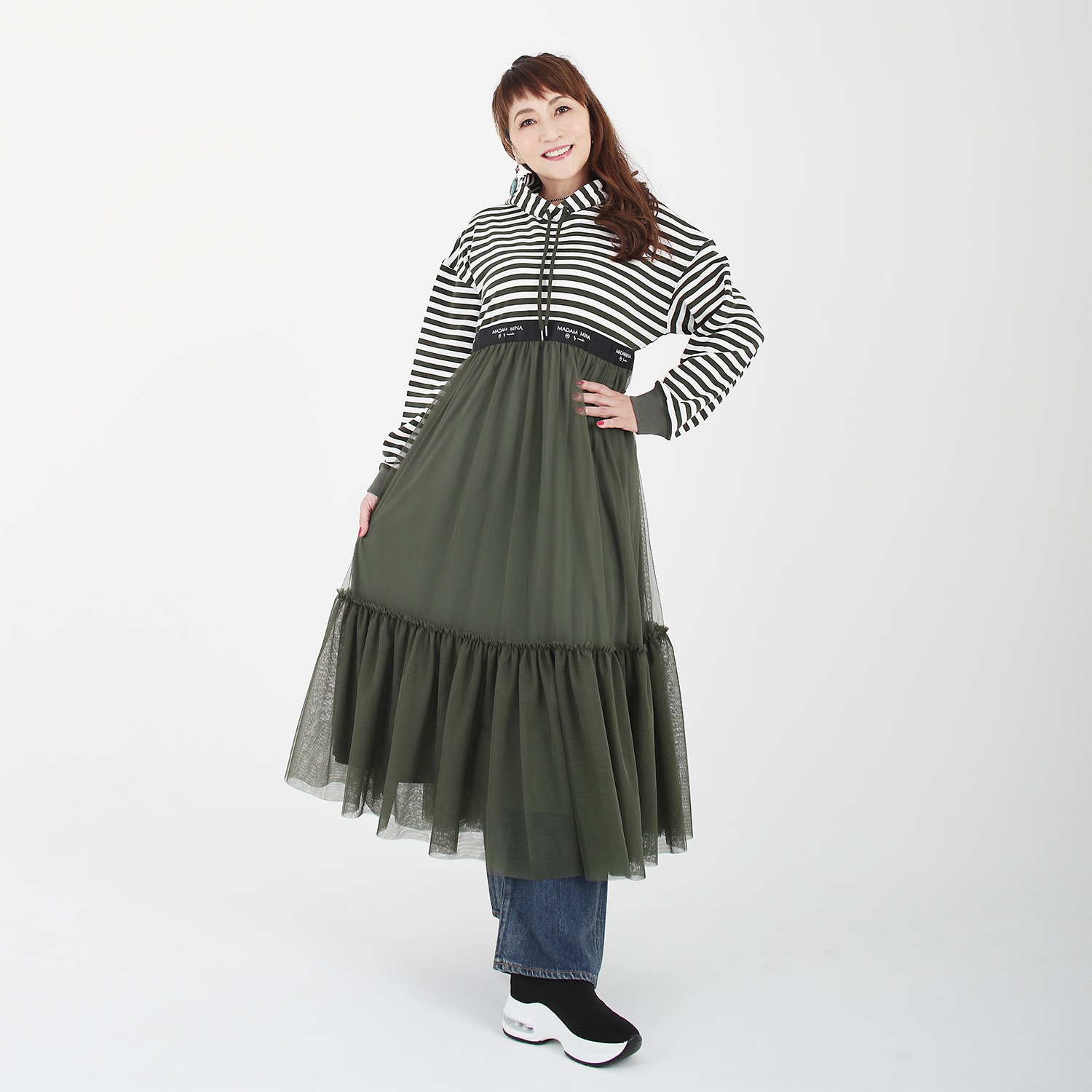 マダムミーナ ボーダー裏毛＆チュール ロゴテープアクセント ワンピース