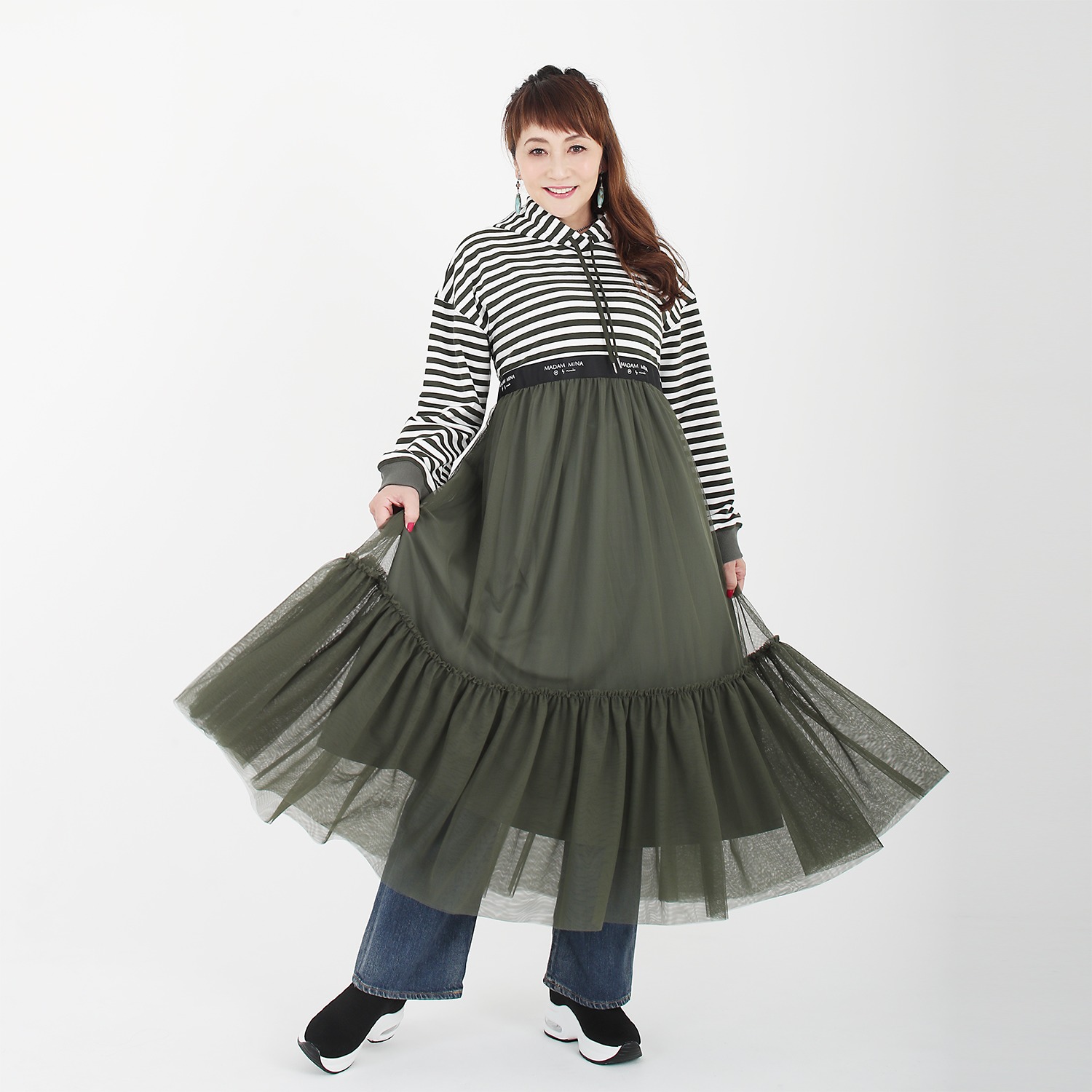 マダムミーナ ボーダー裏毛＆チュール ロゴテープアクセント ワンピース