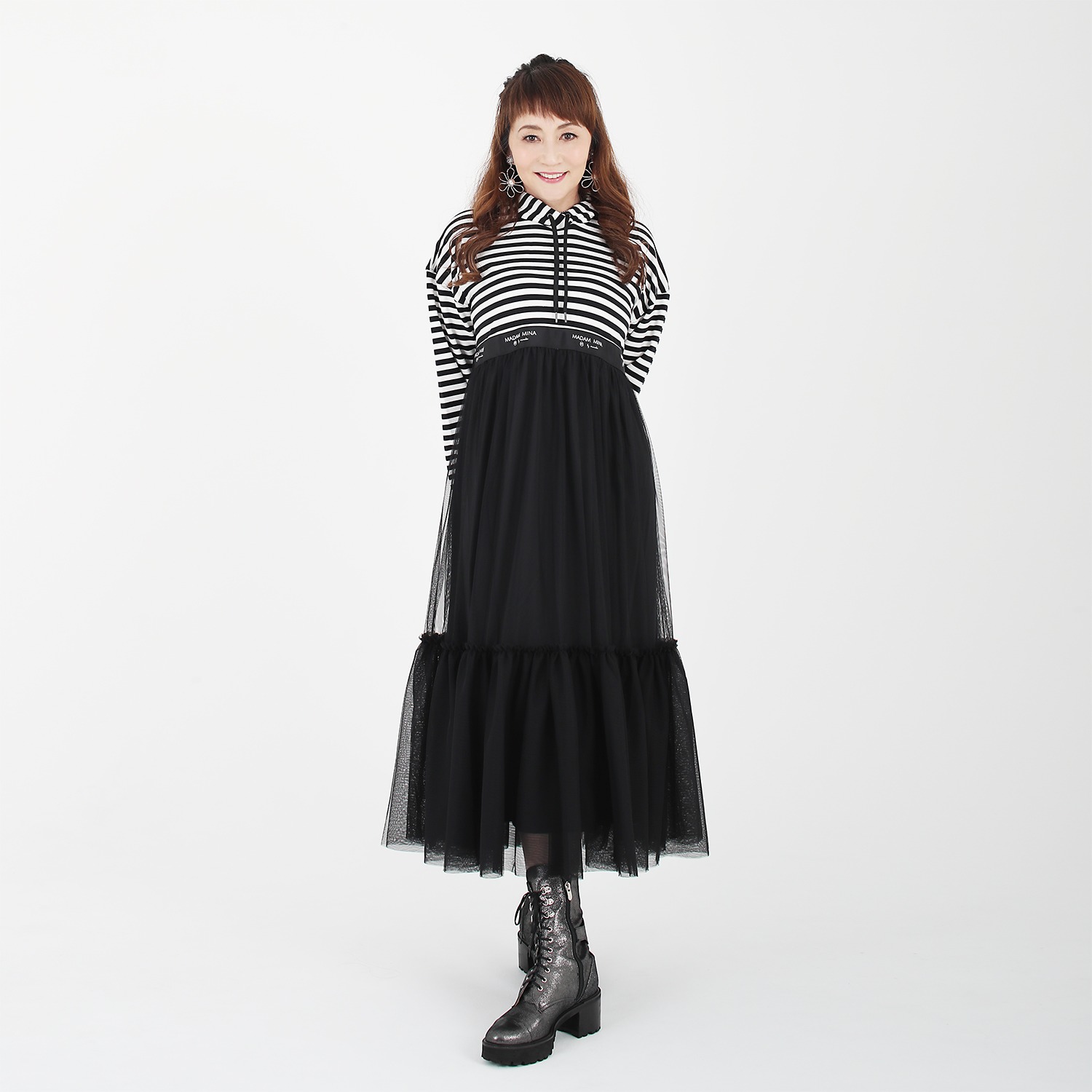 マダムミーナ ボーダー裏毛＆チュール ロゴテープアクセント ワンピース