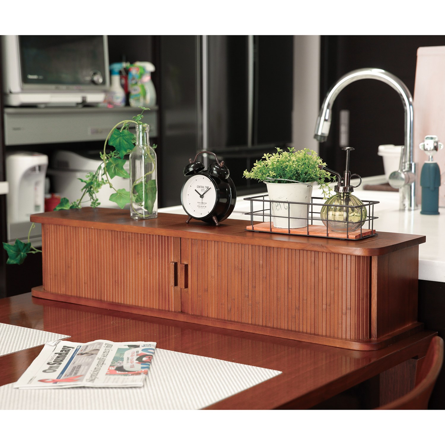 天然木桐製 カウンター上収納庫 竹製ジャバラ扉式 ＜幅９０ｃｍ・スタンダード＞ 完成品でお届け