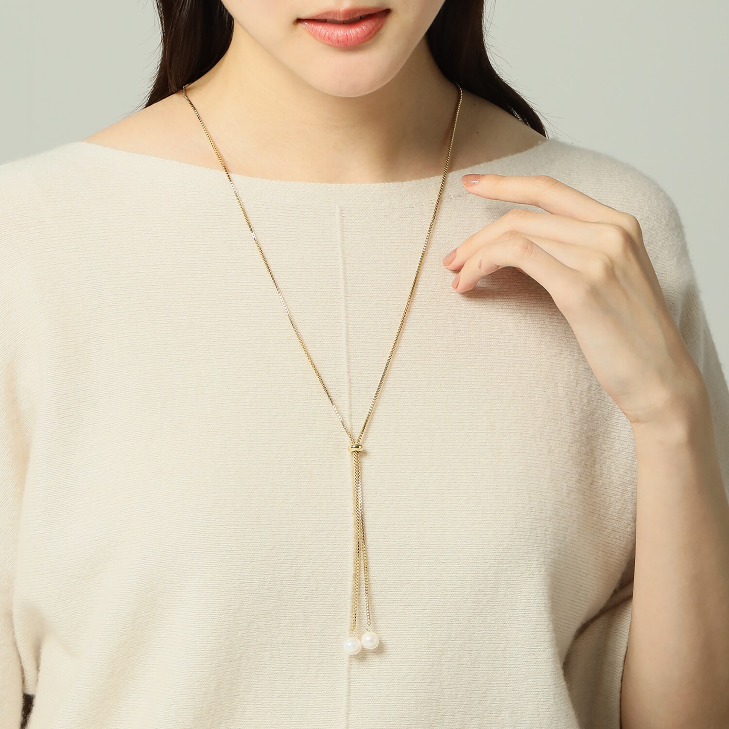 エアリーフェアリー 淡水パール ボックスチェーン スタイリッシュ スライドロングネックレス