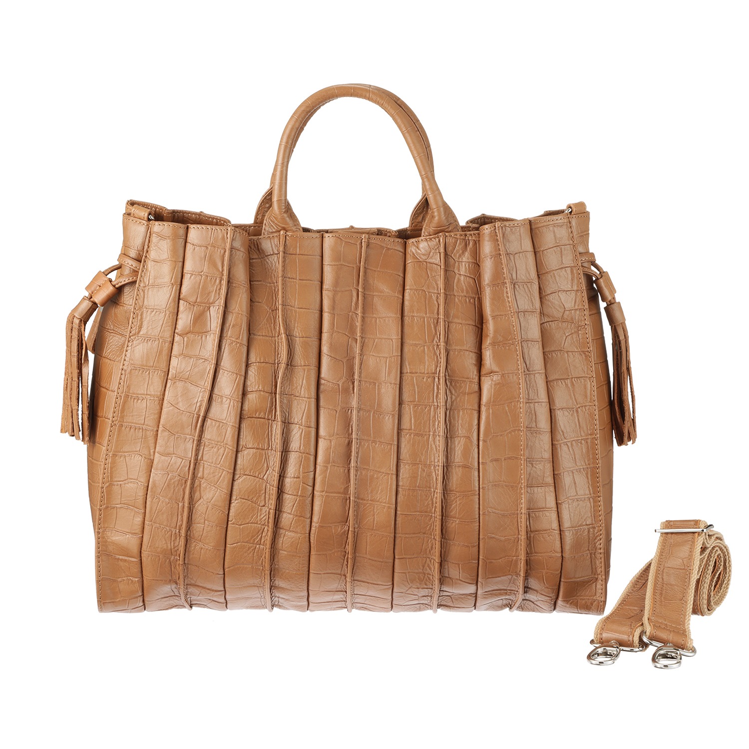 オリタタ ＜日本製＞ 牛革クロコダイル型押し プリーツデザイン ２ウェイラージバッグ