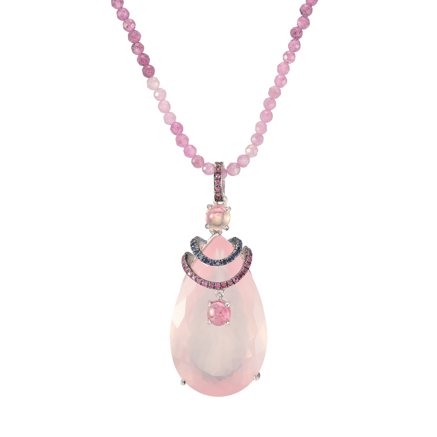 イーシア シルバー ローズクォーツ＆ マルチジェム ペアシェイプペンダント