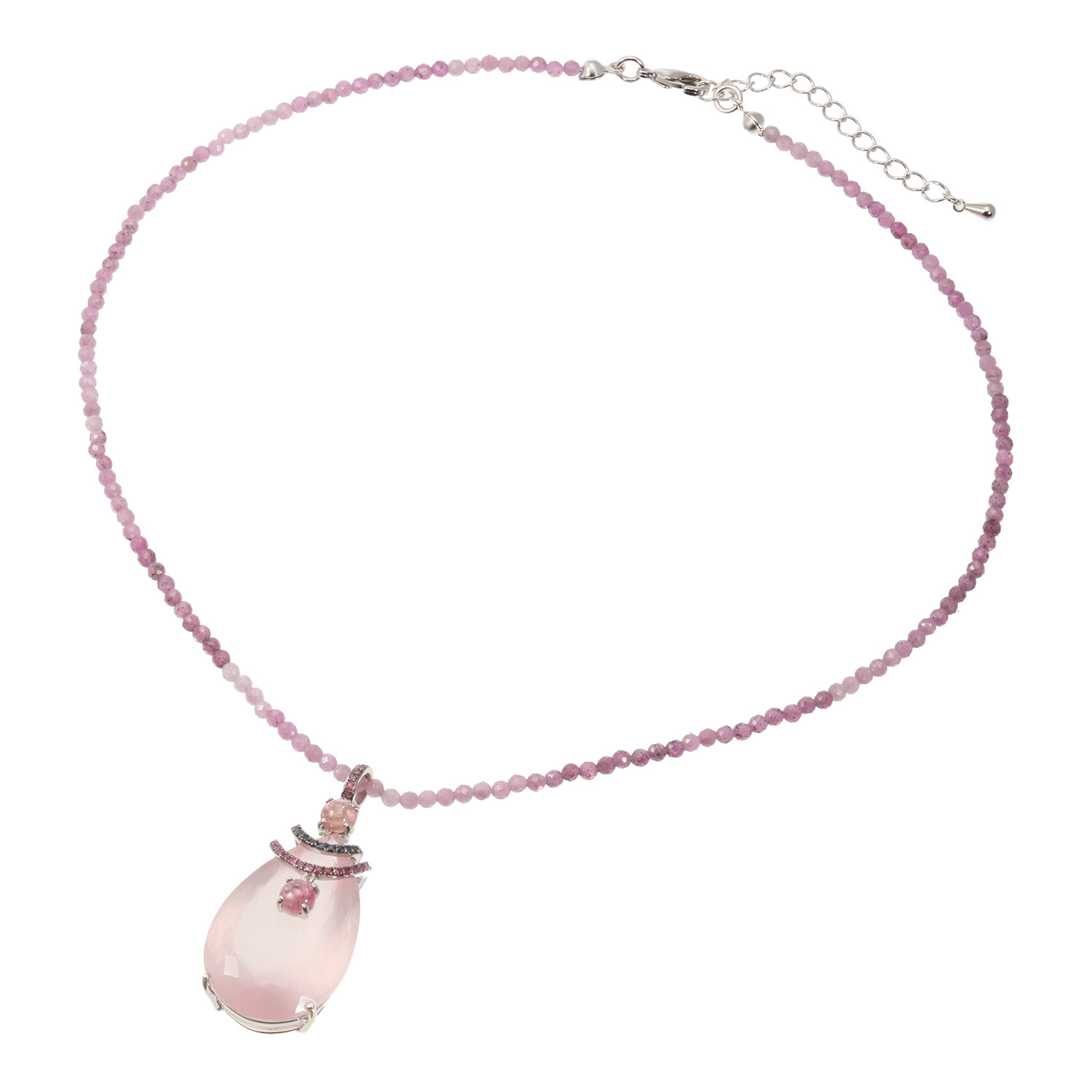 イーシア シルバー ローズクォーツ＆ マルチジェム ペアシェイプペンダント