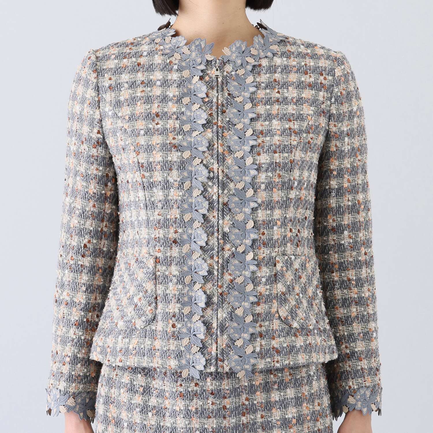 クリス・セリーン ミックスツイード フラワーレースアクセント エレガントジャケット