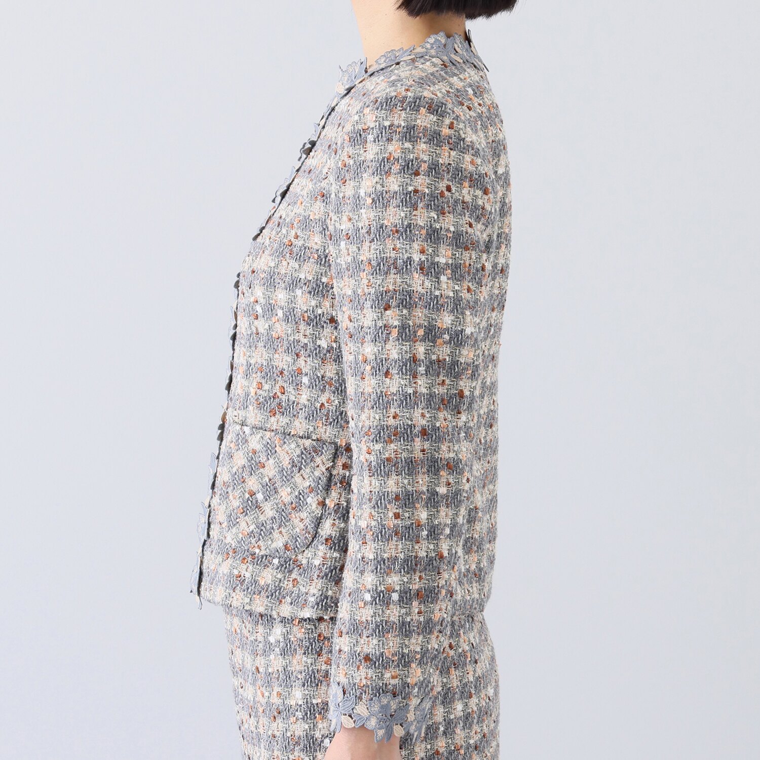 クリス・セリーン ミックスツイード フラワーレースアクセント エレガントジャケット