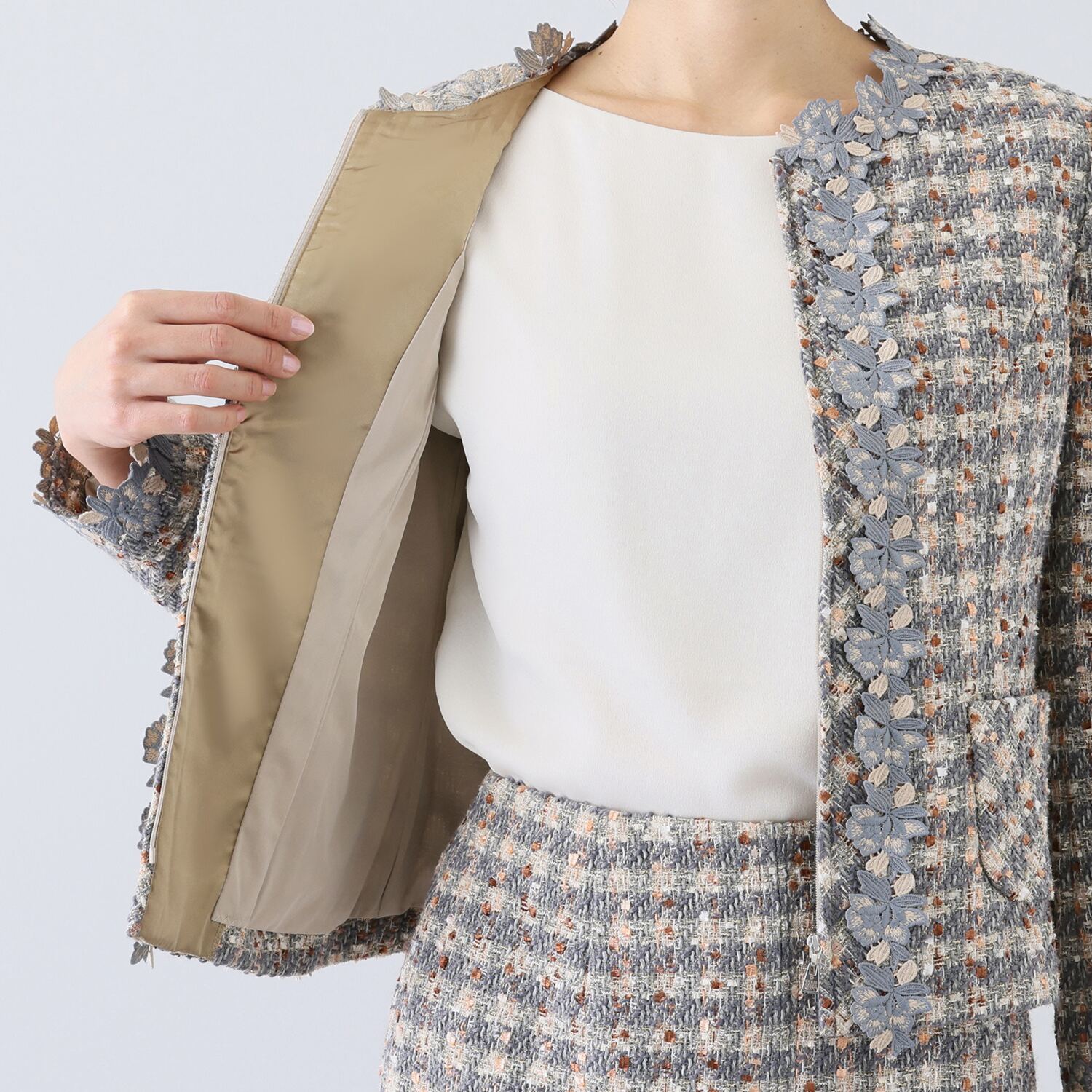 クリス・セリーン ミックスツイード フラワーレースアクセント エレガントジャケット