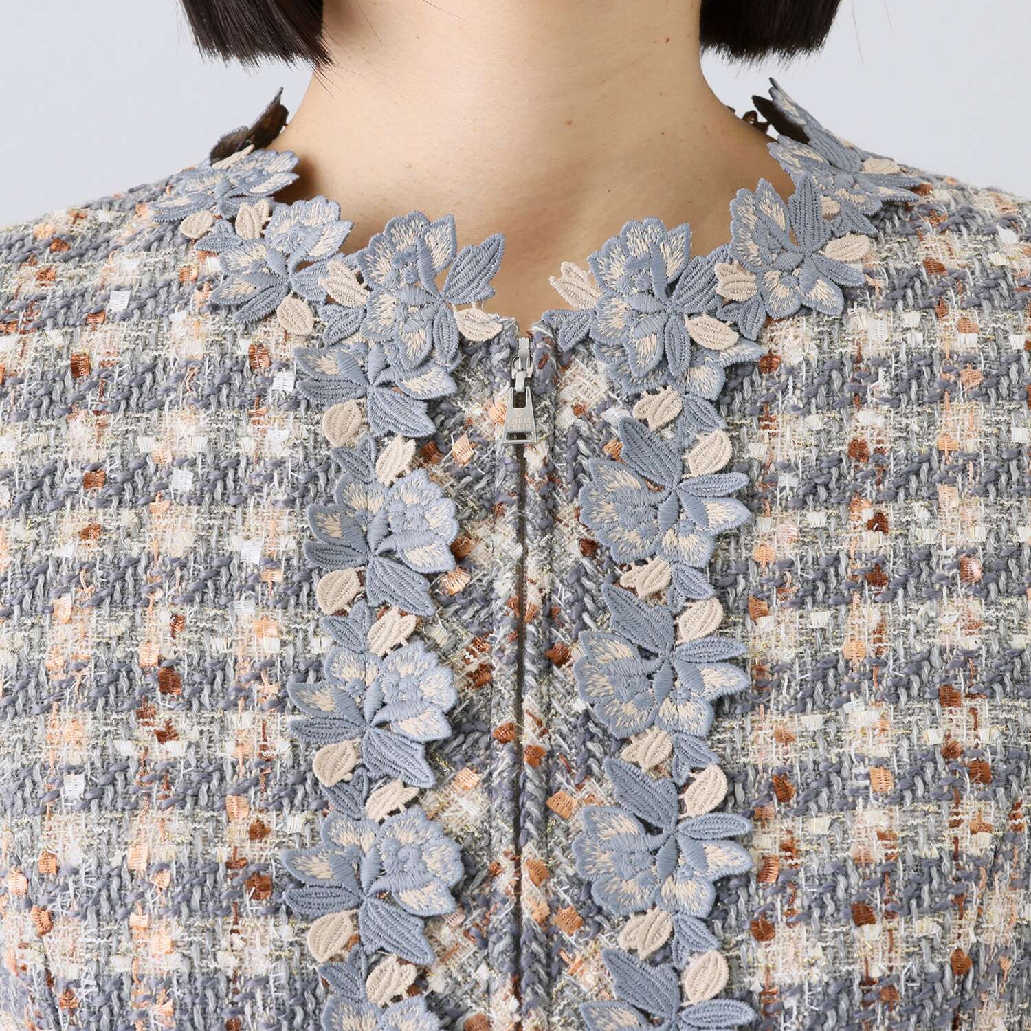 クリス・セリーン ミックスツイード フラワーレースアクセント エレガントジャケット