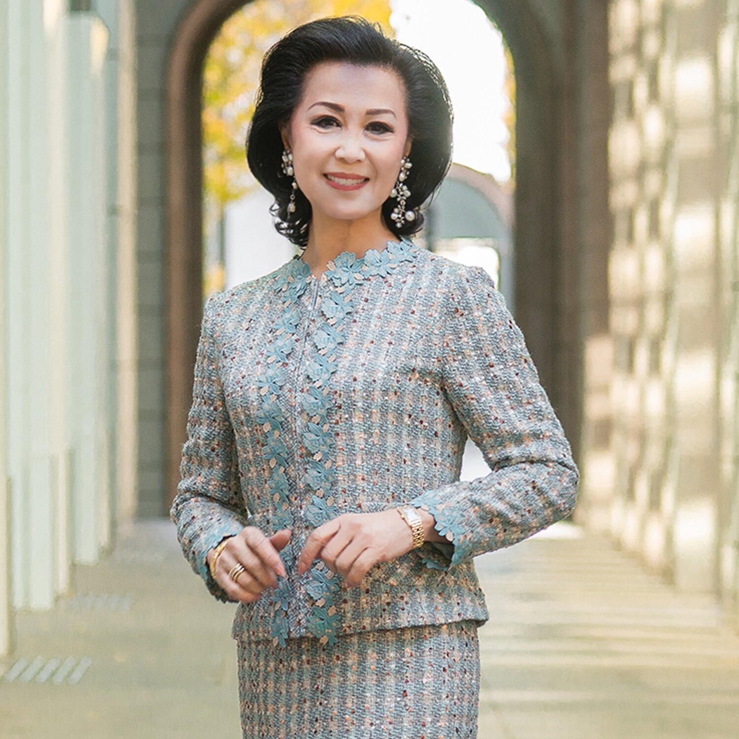 クリス・セリーン ミックスツイード フラワーレースアクセント エレガントジャケット