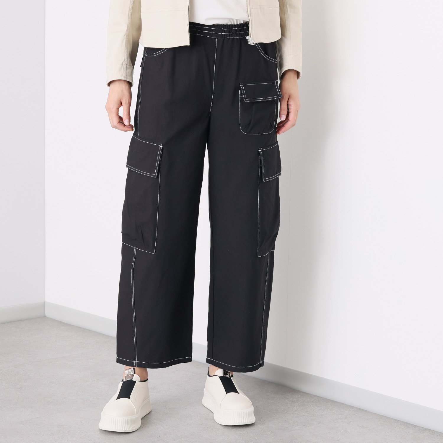 シャビージェンティール 配色ステッチ アウトポケット付 カーゴパンツ