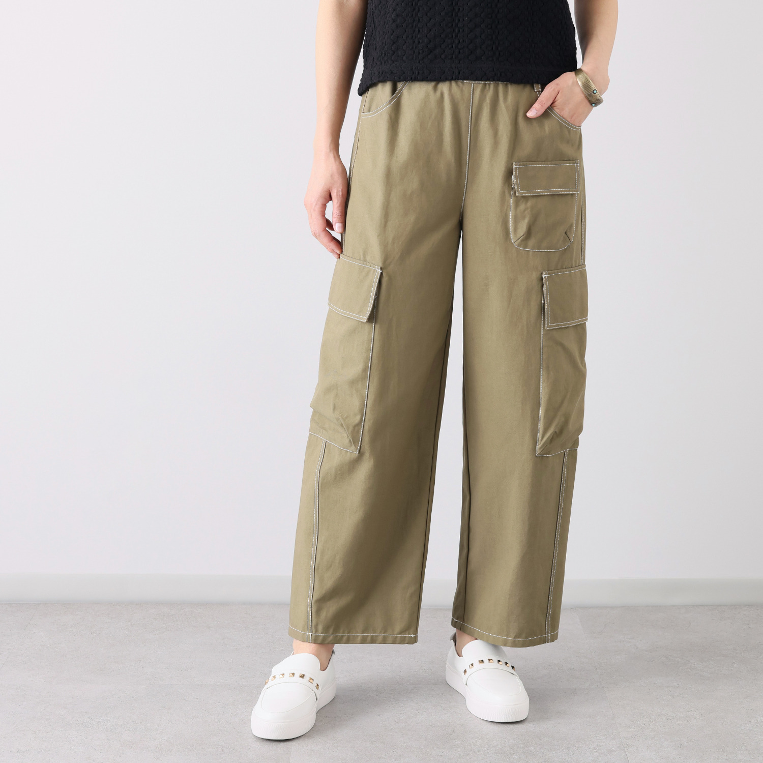 シャビージェンティール 配色ステッチ アウトポケット付 カーゴパンツ