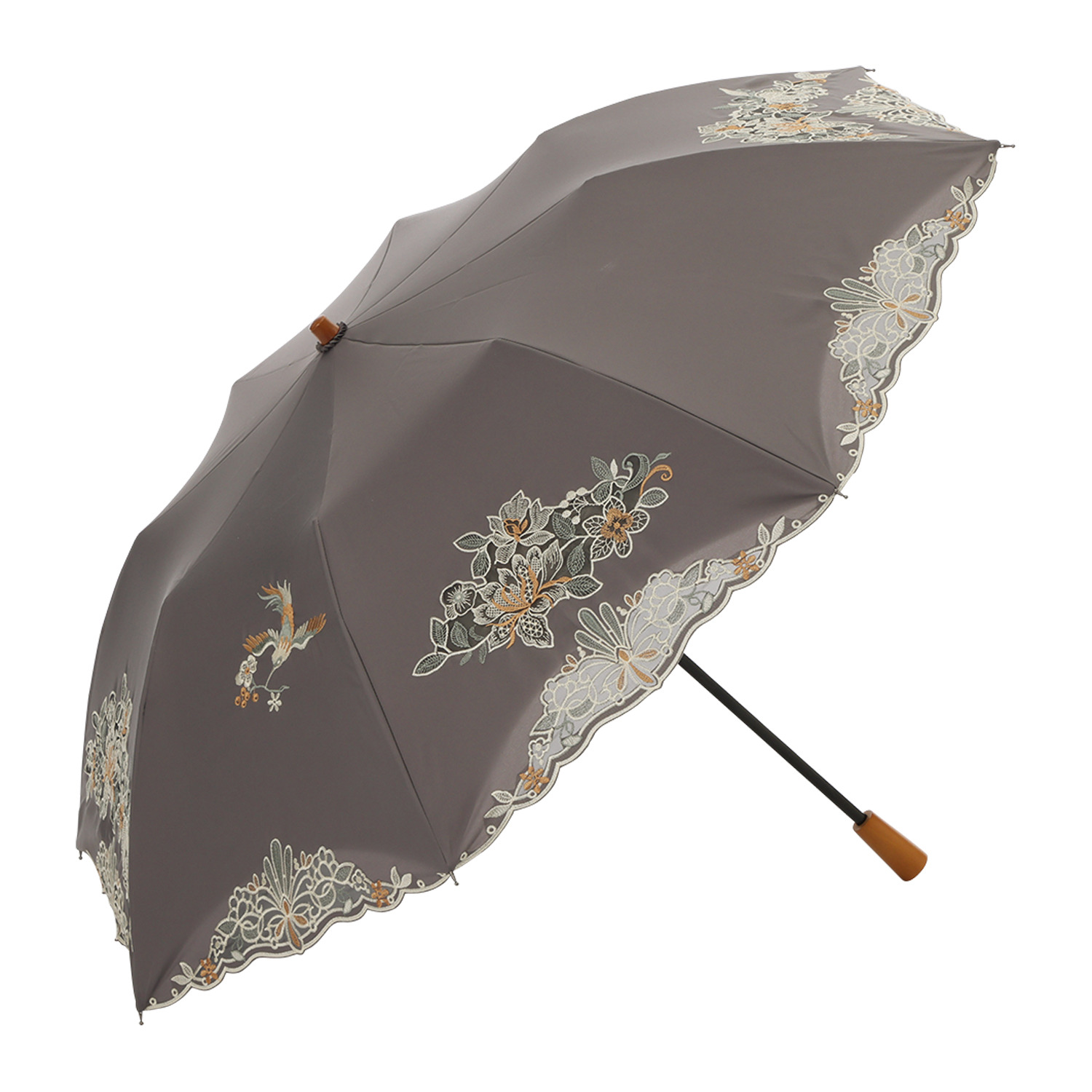 シノワズリーモダン 女優日傘 花鳥カットワーク刺しゅう かわず張り ショート折りたたみ日傘