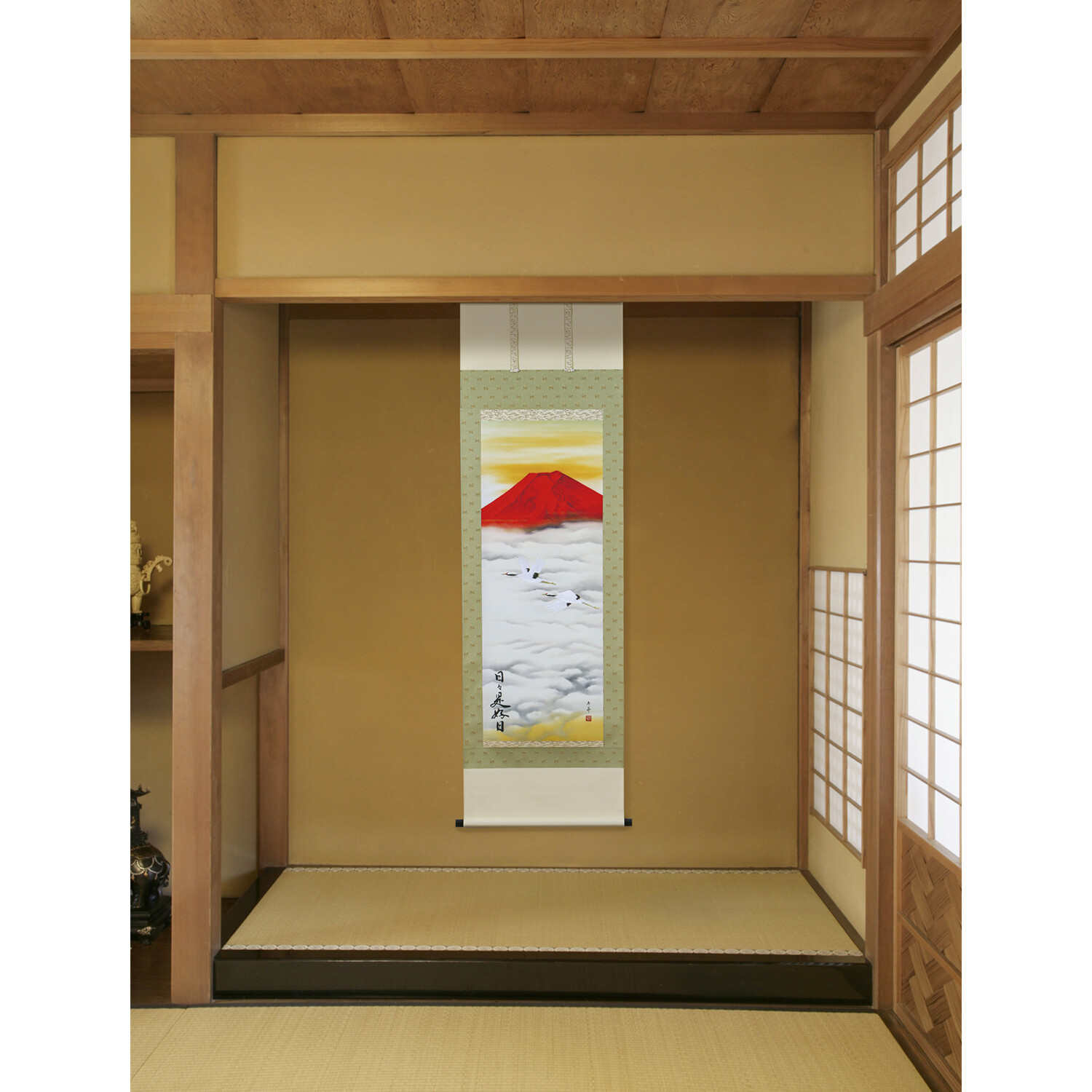 掛軸 山崎冬華　画 大開運赤富士飛鶴