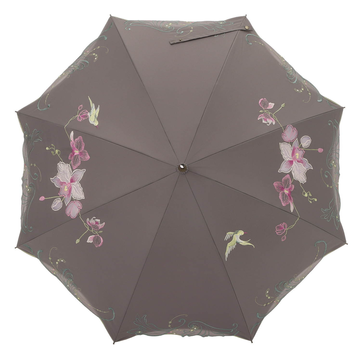シノワズリーモダン 蘭花刺しゅう かわず張り ショート晴雨兼用日傘