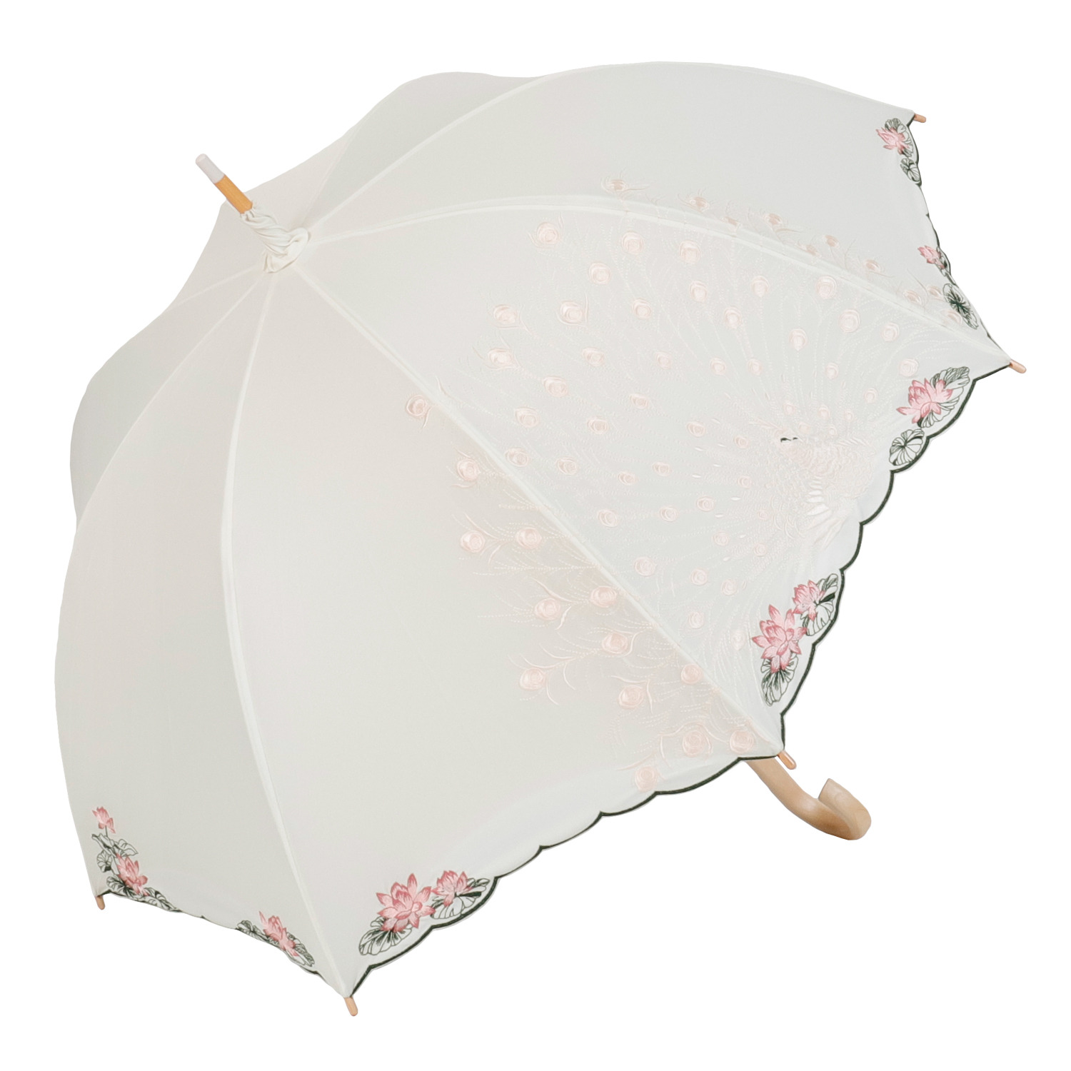 シノワズリーモダン 孔雀刺しゅう かわず張り 晴雨兼用長日傘