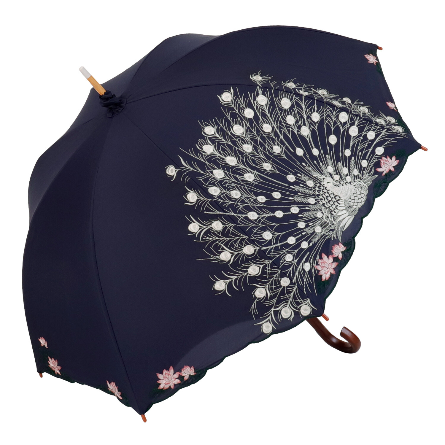 シノワズリーモダン 孔雀刺しゅう かわず張り 晴雨兼用長日傘
