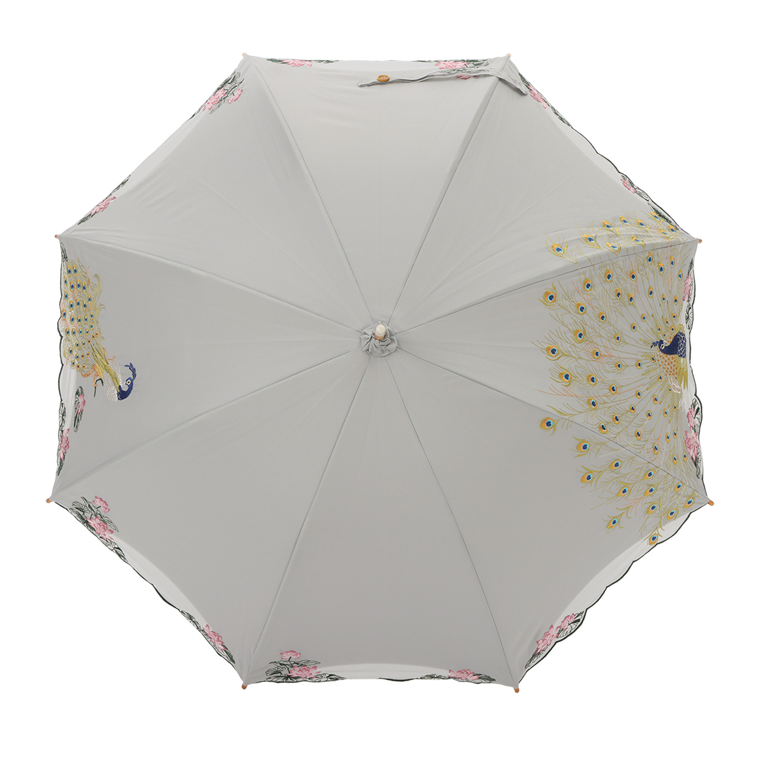シノワズリーモダン 孔雀刺しゅう かわず張り 晴雨兼用長日傘