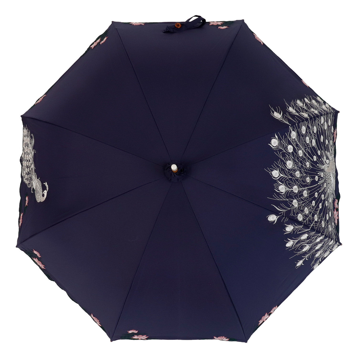 シノワズリーモダン 孔雀刺しゅう かわず張り 晴雨兼用長日傘