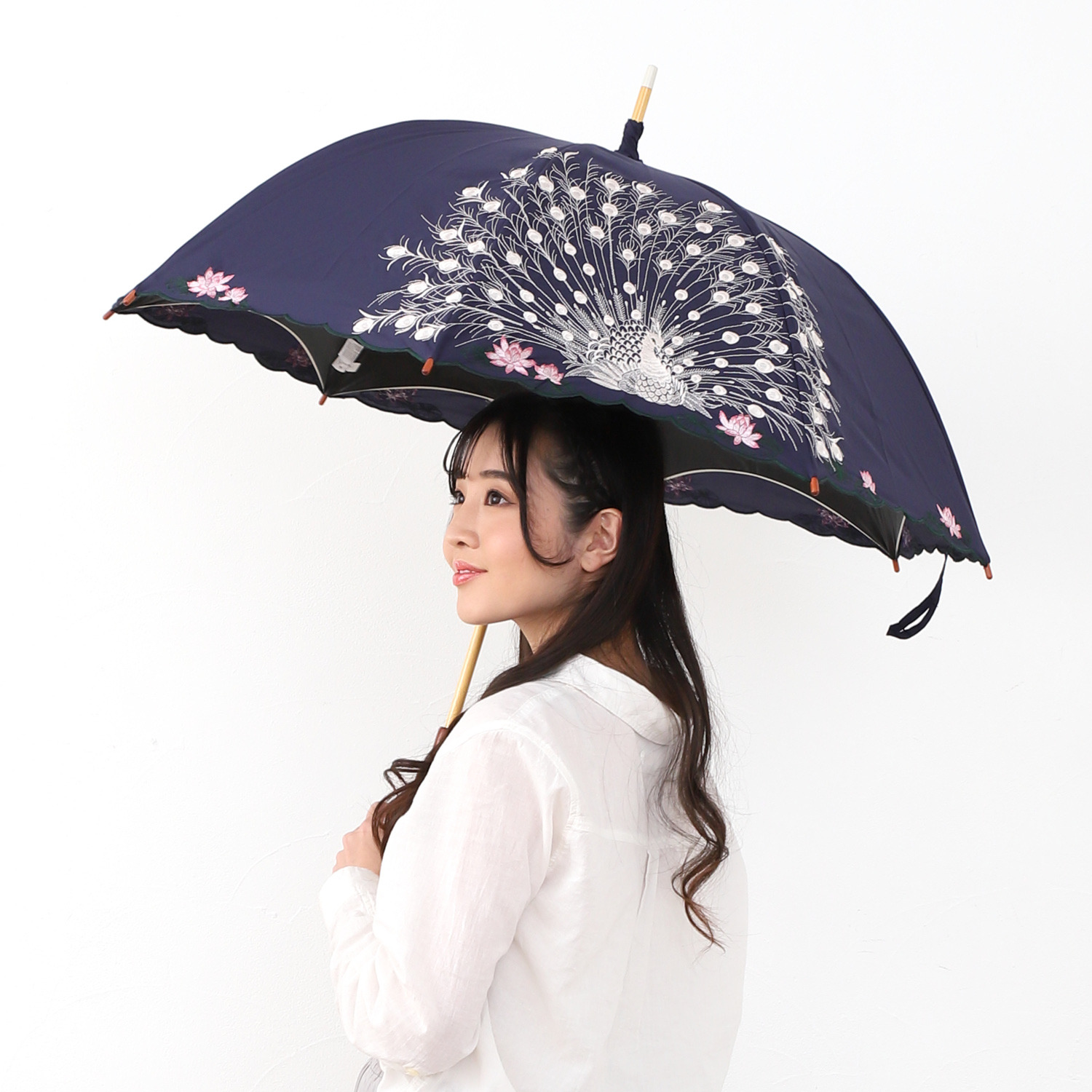 シノワズリーモダン 孔雀刺しゅう かわず張り 晴雨兼用長日傘