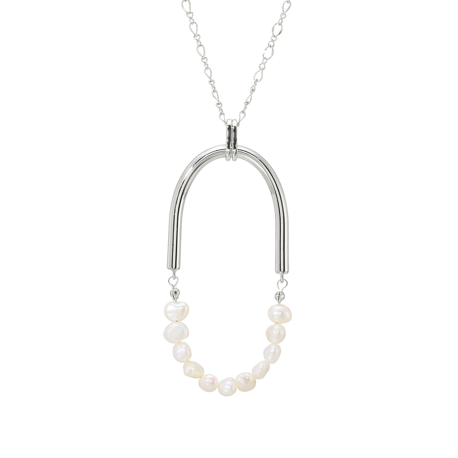 エアリーフェアリー 淡水パール＆ メタルライン オーバルモティーフ スタイリッシュ ロングネックレス