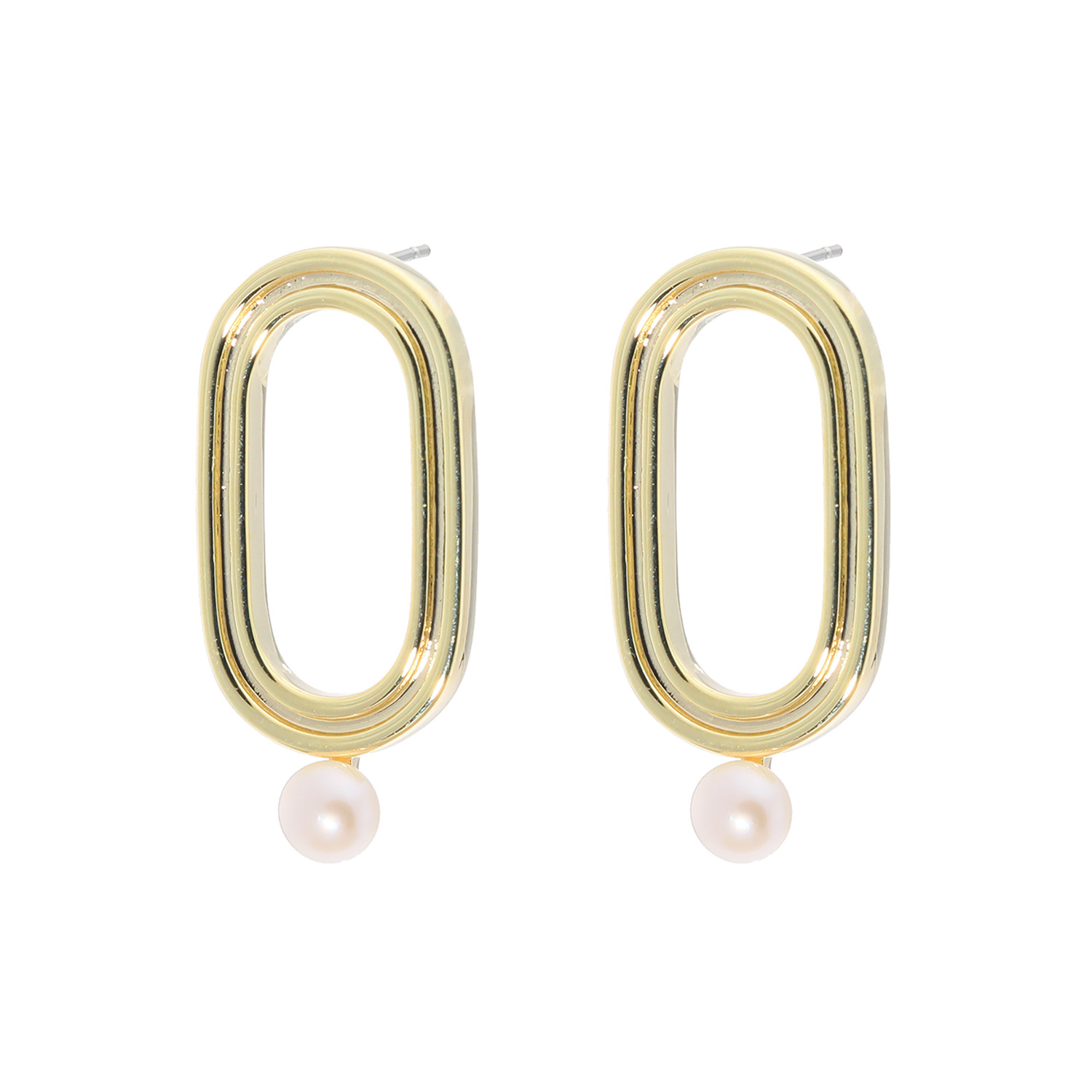 エアリーフェアリー 淡水パール＆ オーバルメタルモティーフ スタイリッシュ イヤリング／ピアス