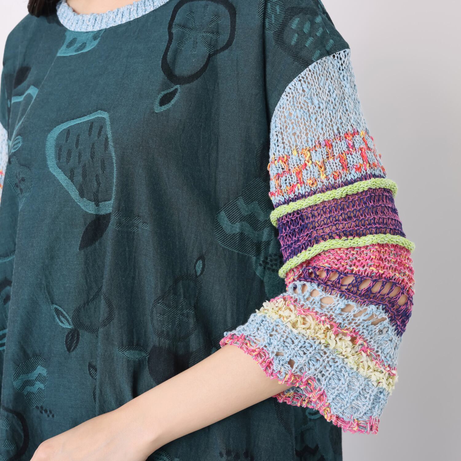 エム　アンド　キョウコ 異素材使い 洋梨柄ワンピース