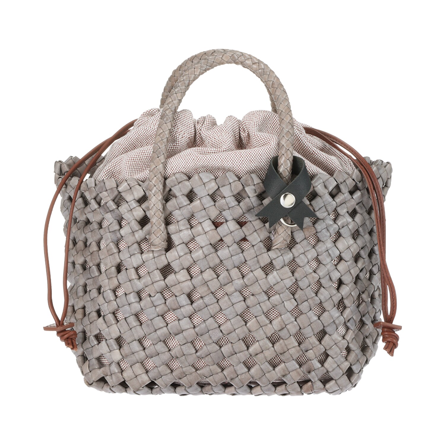 ムジカヴィータ 山羊革 巾着＆リボンチャーム付 石畳編み手編みメッシュ トートバッグ