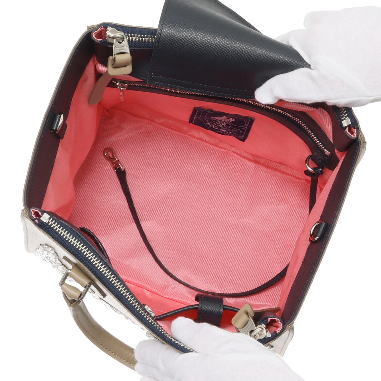 エーディーエムジェイ イタリアンレザー クリスタルガラス ステラモティーフ ダブルジップ ２ウェイトートバッグ