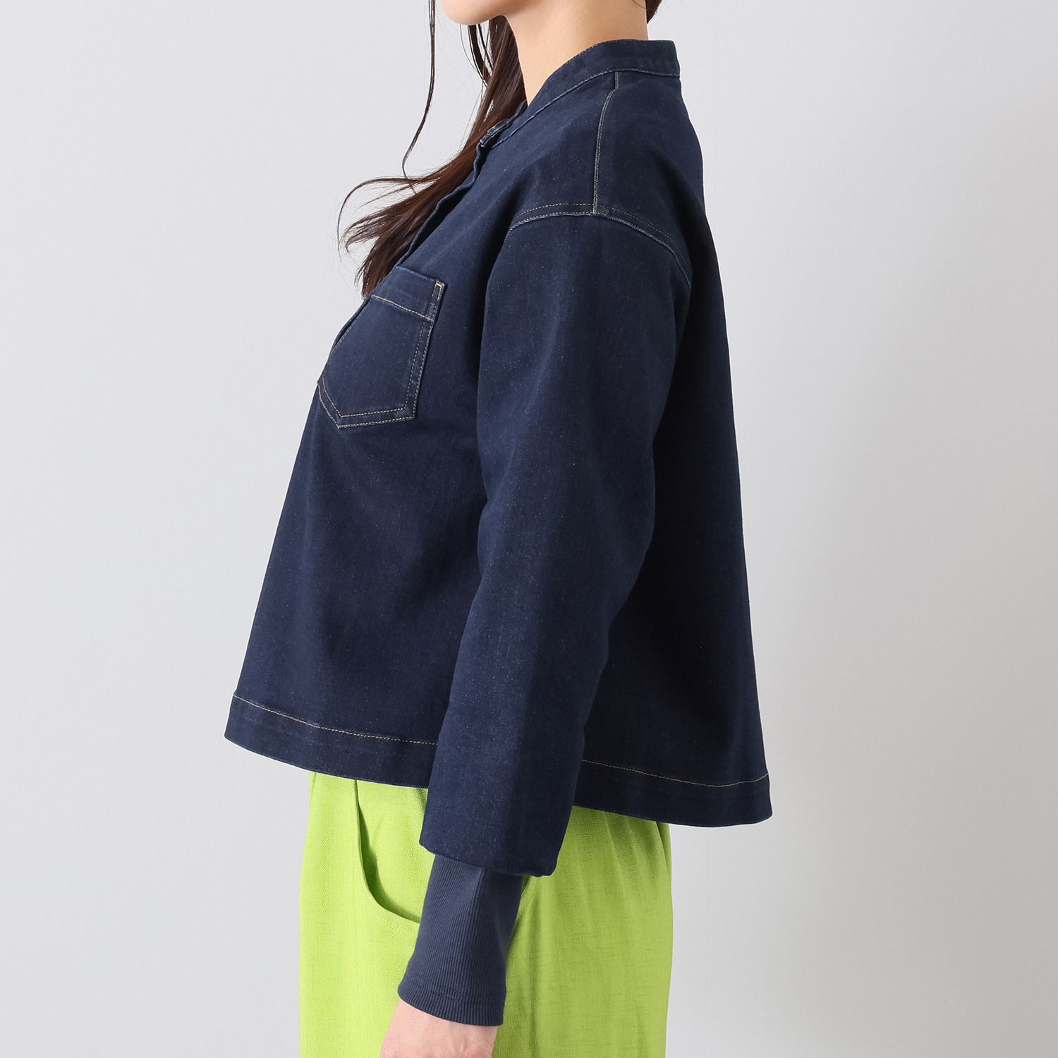 イシカワラボ★ヒトミ ストレッチデニム 袖リブアクセント ショートジャケット