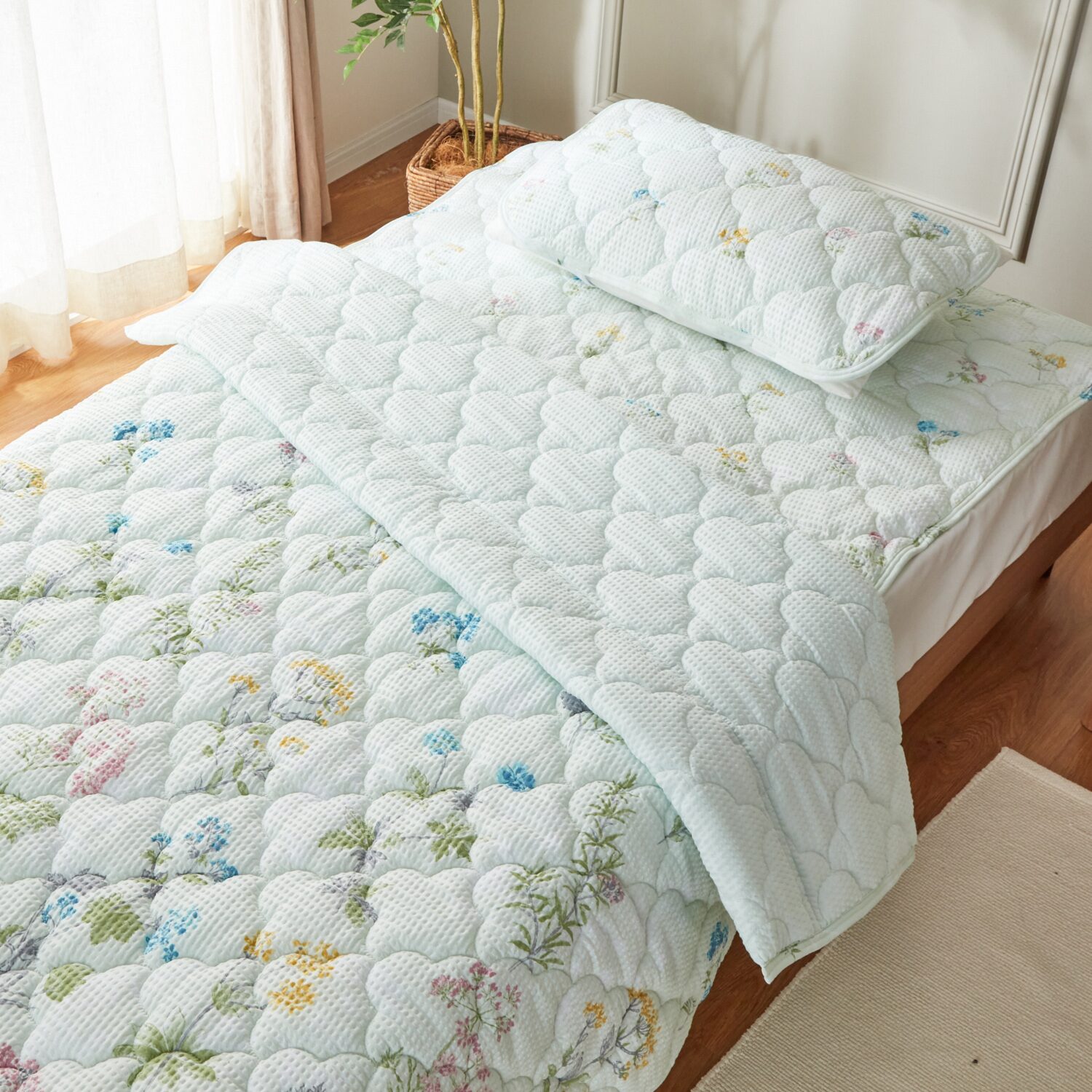 大津毛織 やわらか・爽やか 綿混リップル キルトケット＆ 敷きパッドセット ＜シングル＞