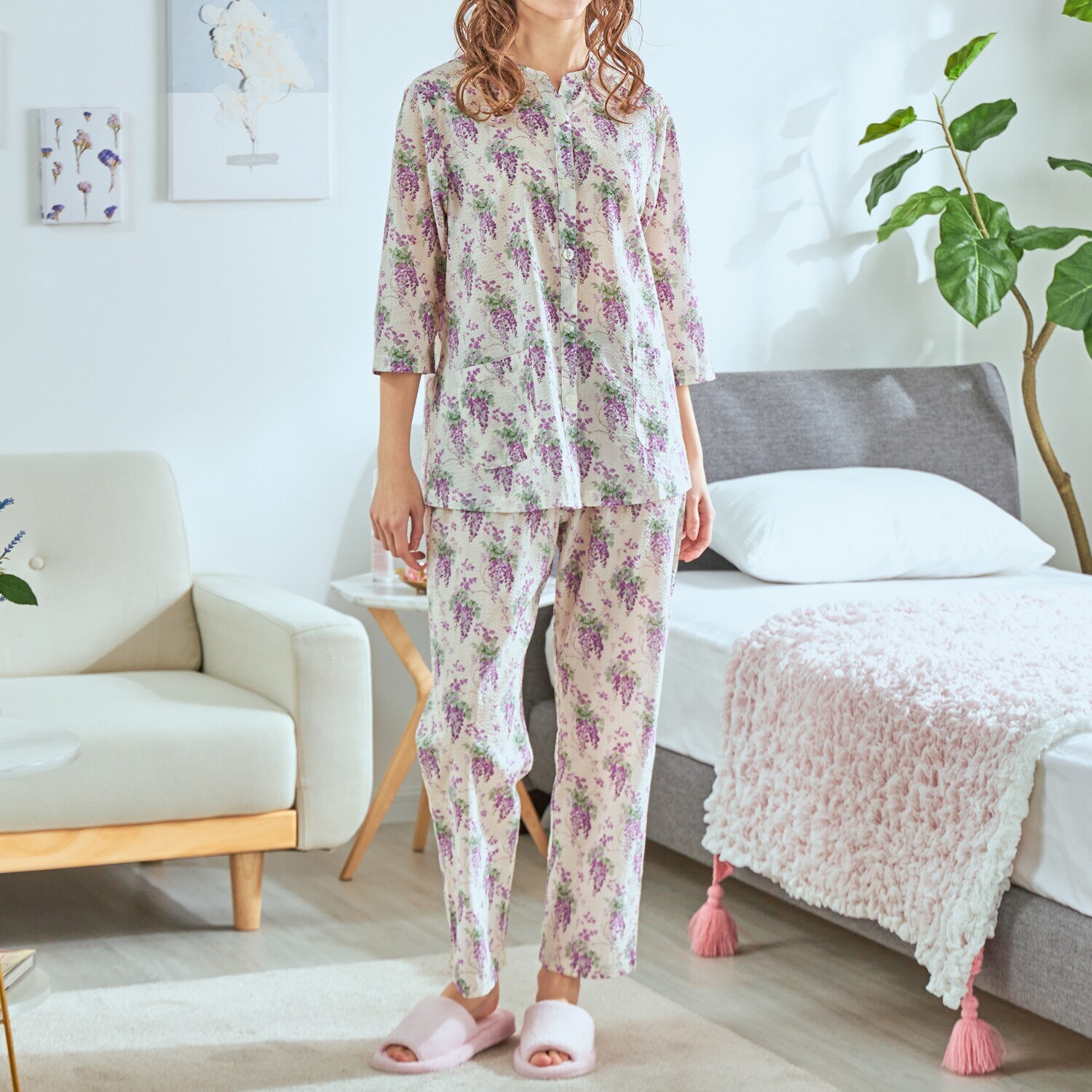 ローラアシュレイ コットン１００％ ローンリップル パジャマ ウィステリア柄