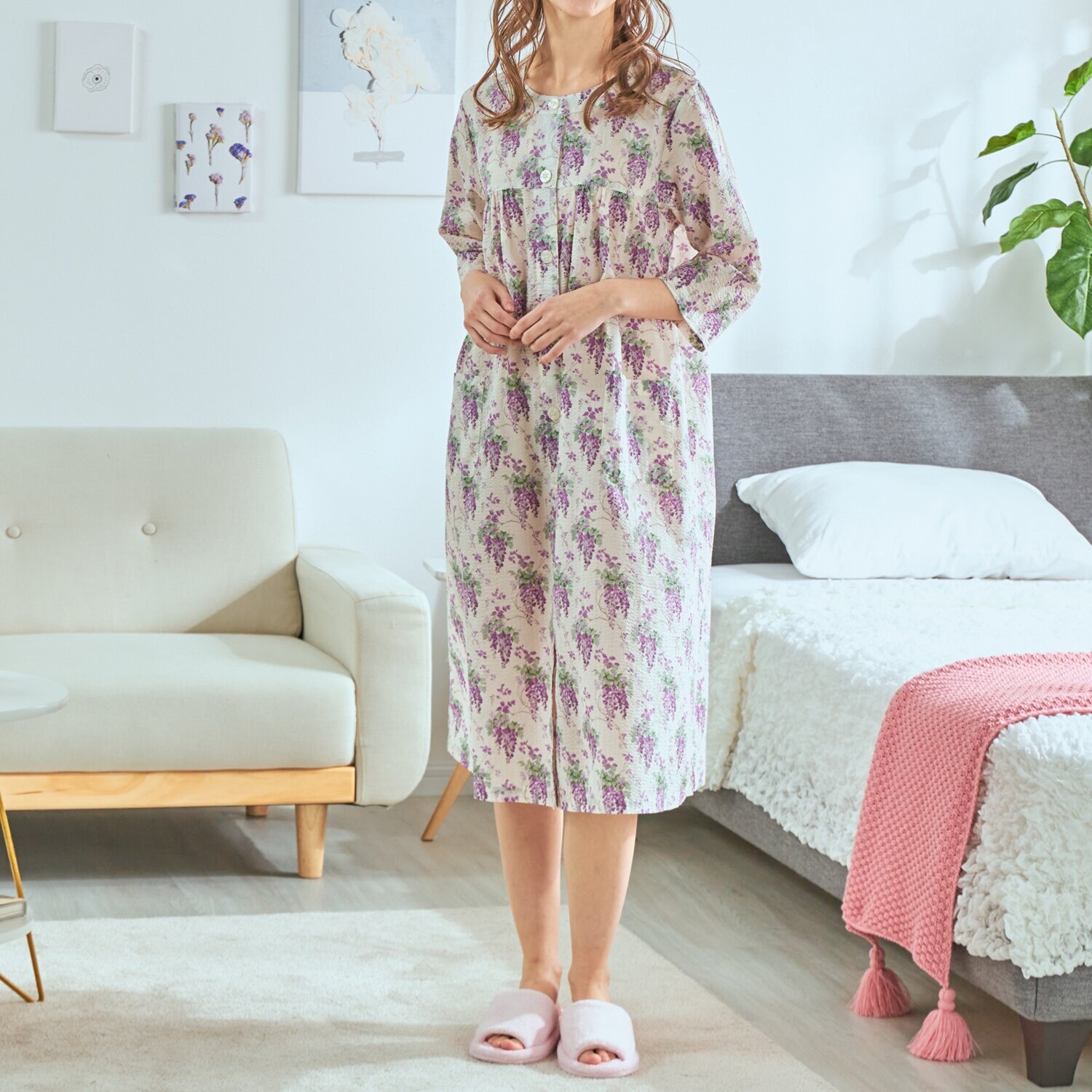 ローラアシュレイ コットン１００％ ローンリップル ワンピース ウィステリア柄