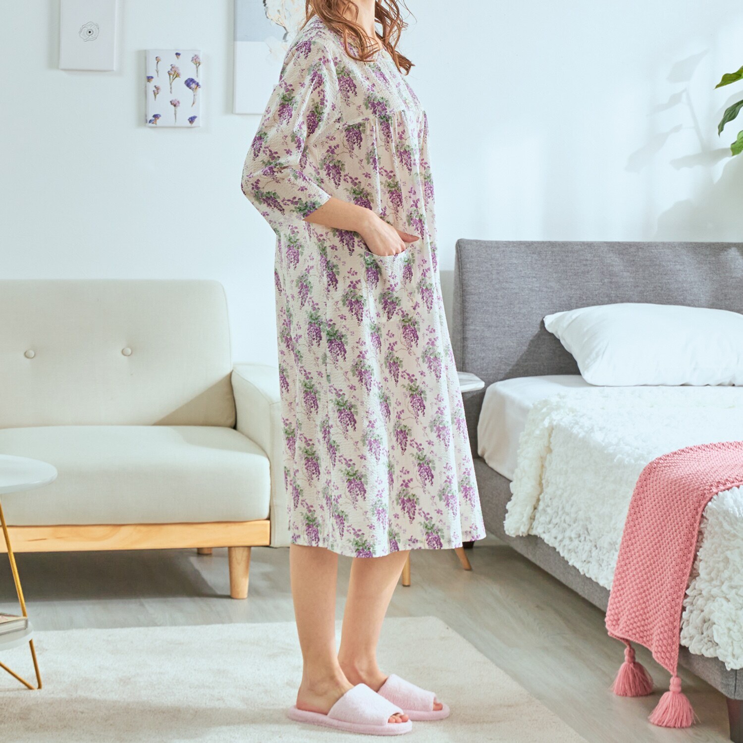 ローラアシュレイ コットン１００％ ローンリップル ワンピース ウィステリア柄