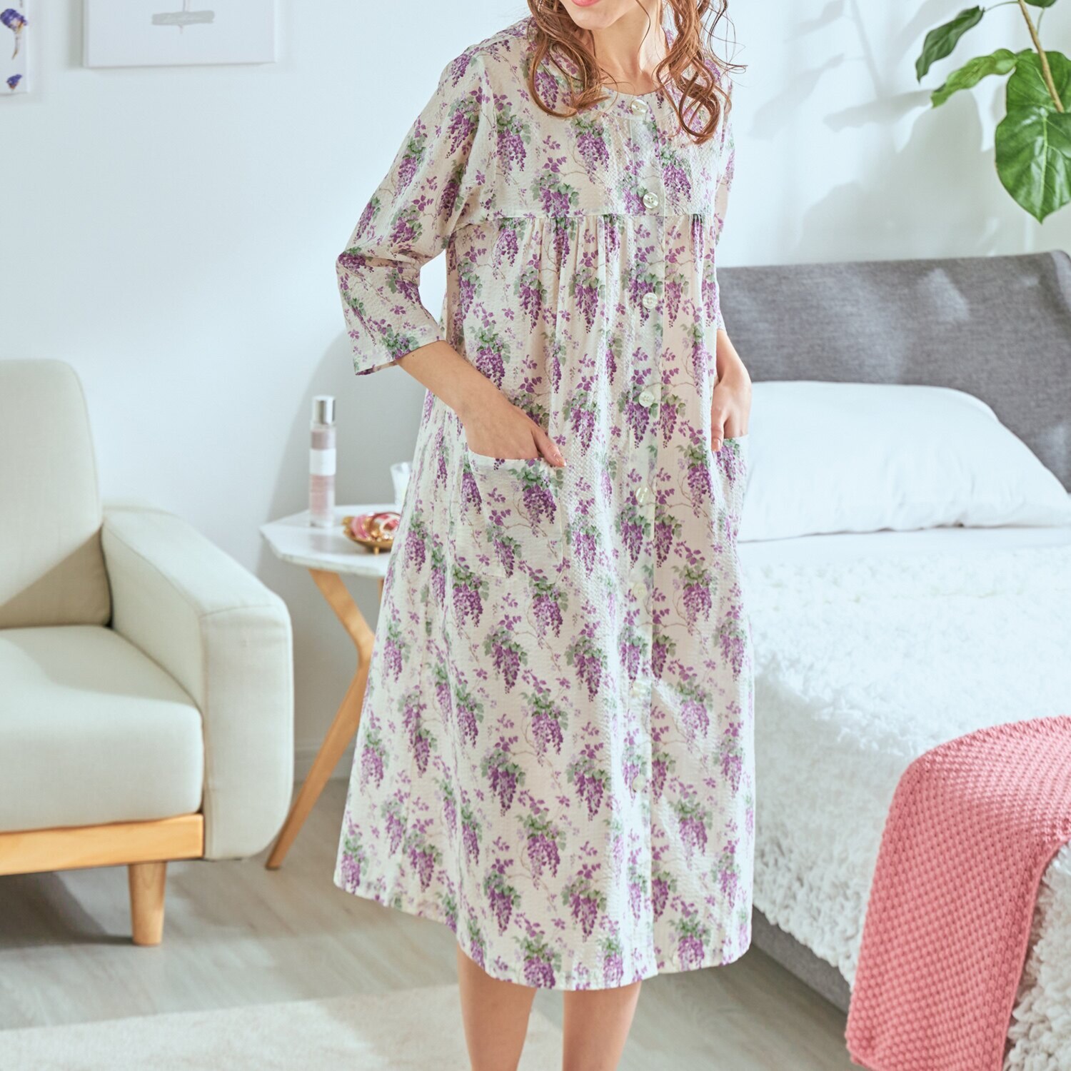 ローラアシュレイ コットン１００％ ローンリップル ワンピース ウィステリア柄