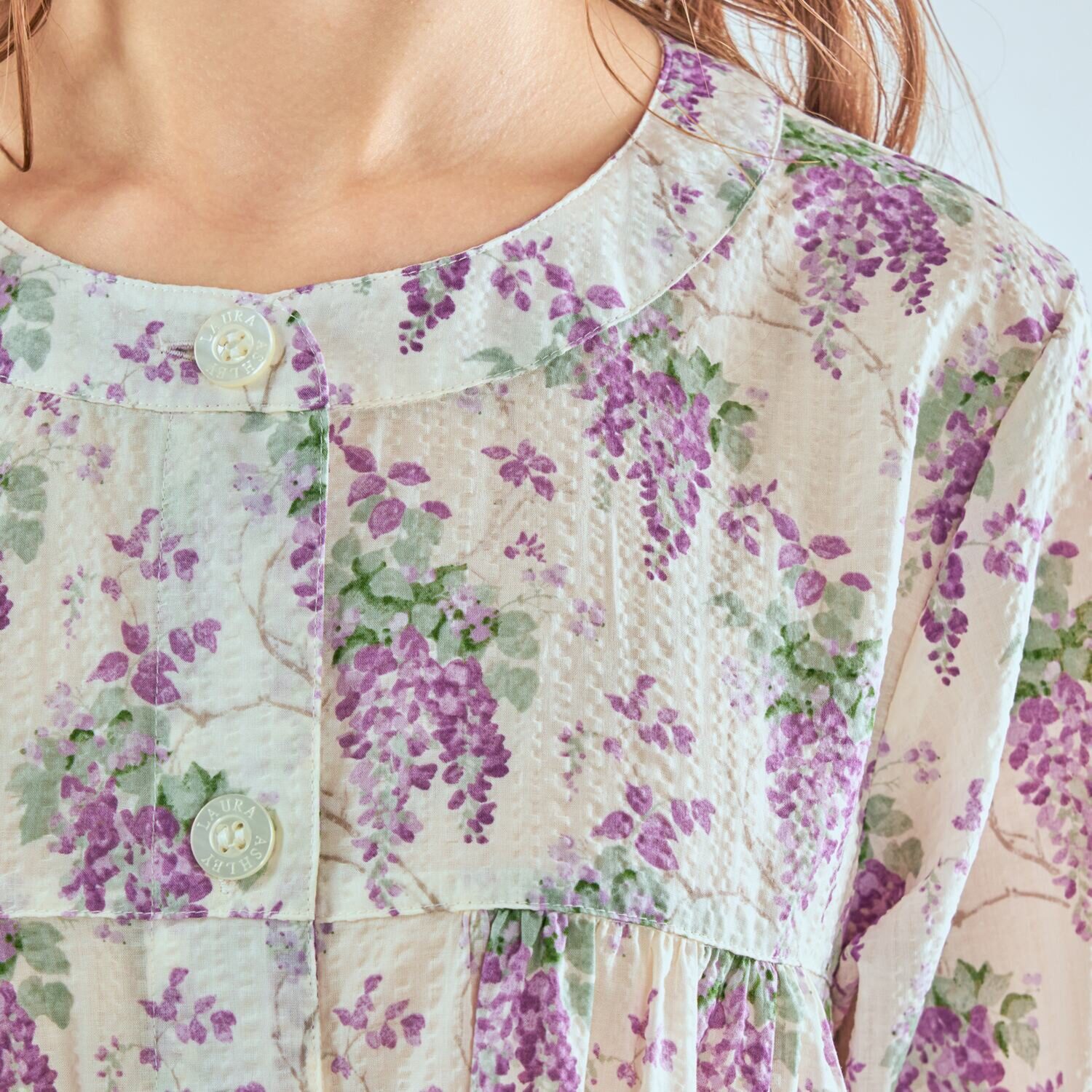 ローラアシュレイ コットン１００％ ローンリップル ワンピース ウィステリア柄