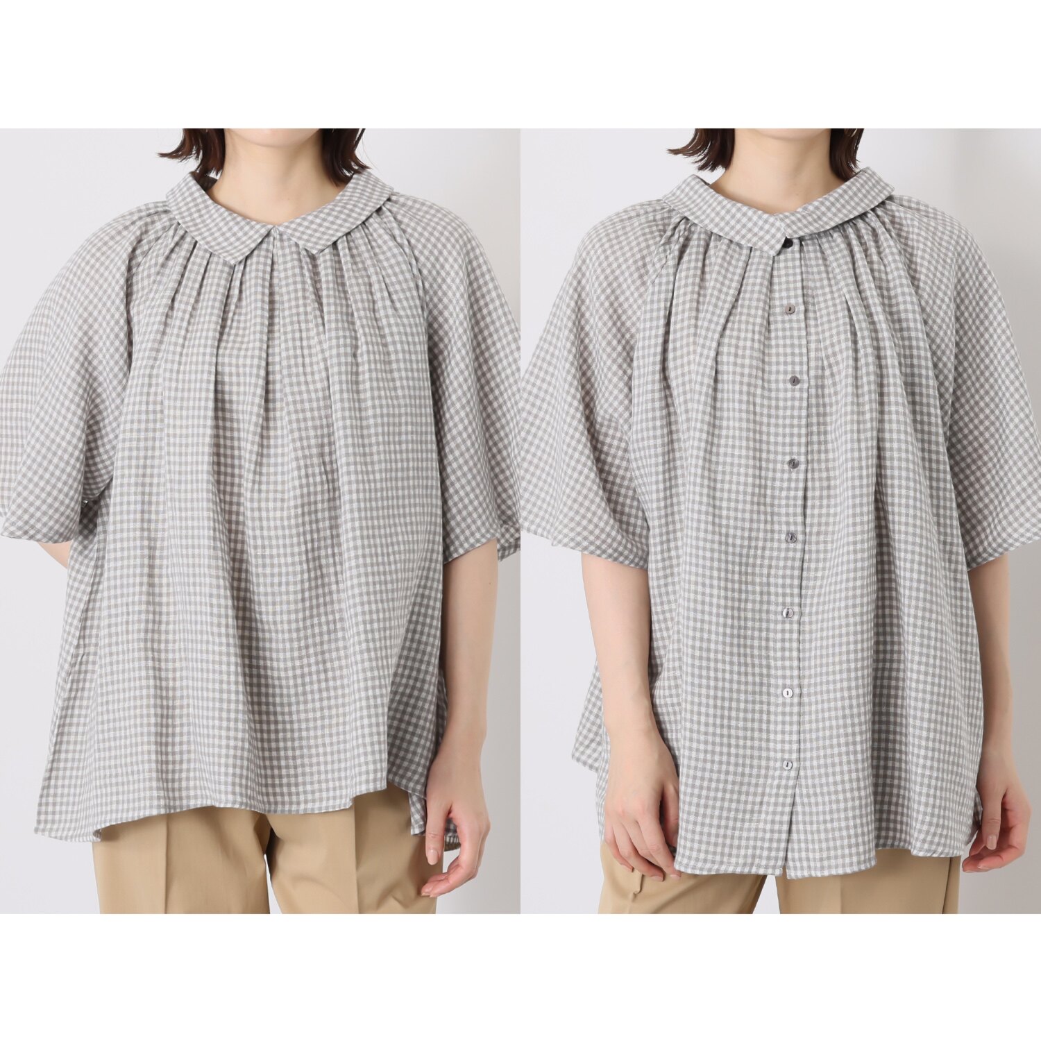 ツチエ リネンコットン リップルチェック ブラウス