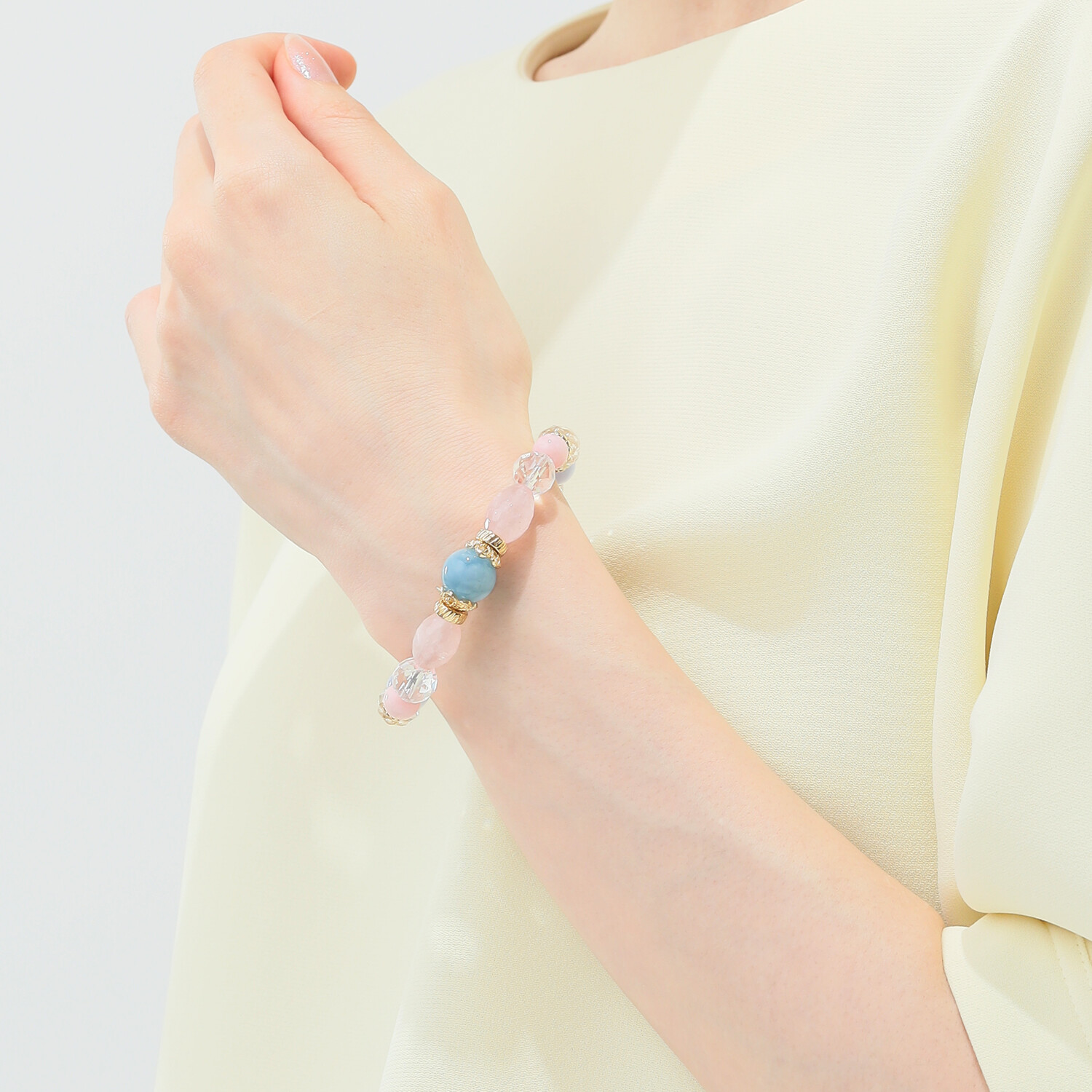 マイクローバー アクアマリン＆ ローズクォーツ＆ ルチルクォーツ イラスティック ブレスレット 〜恋愛運・結婚運〜